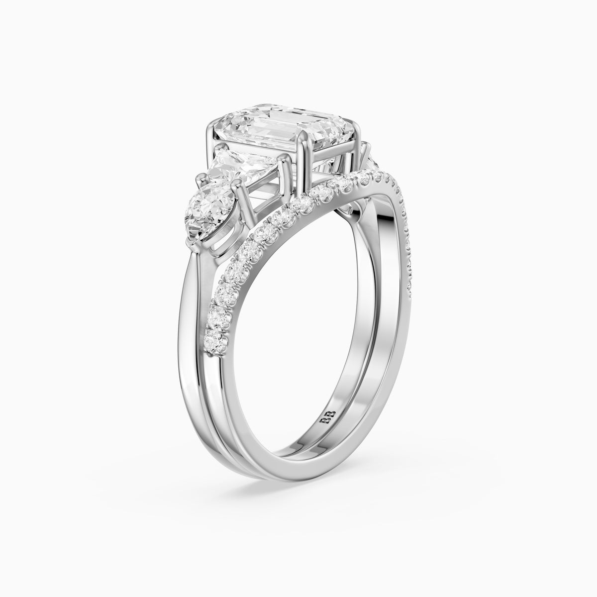 Nyla Five Stone Emerald Cut Lab Grown Diamond Bridal Set with Curved Pave Band