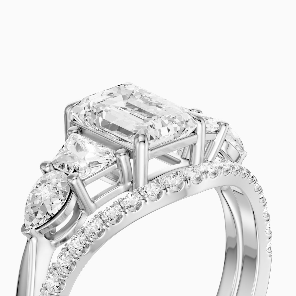 Nyla Five Stone Emerald Cut Lab Grown Diamond Bridal Set with Curved Pave Band