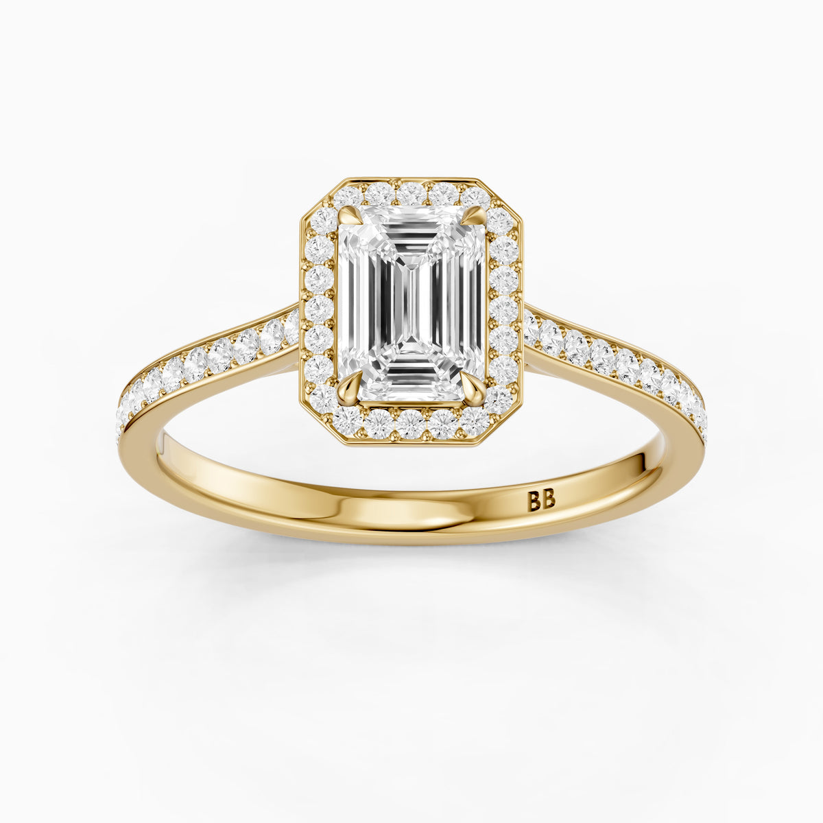 Isabelle Emerald Cut Halo Low Profile Side Stone Moissanite Diamond Ring