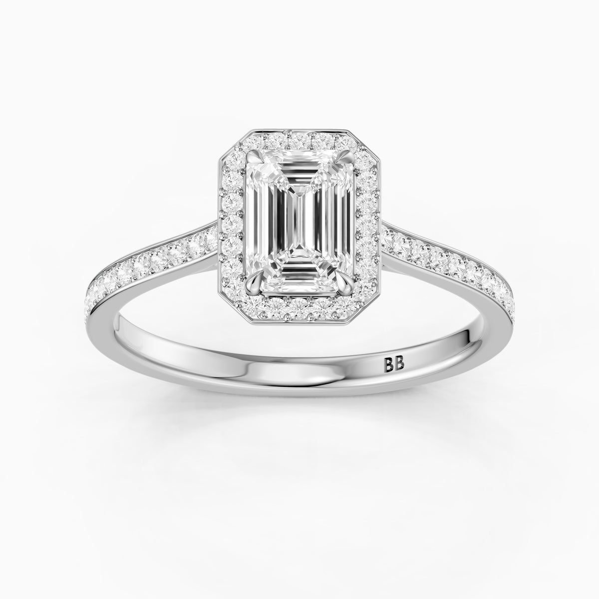 Isabelle Emerald Cut Halo Low Profile Side Stone Moissanite Diamond Ring