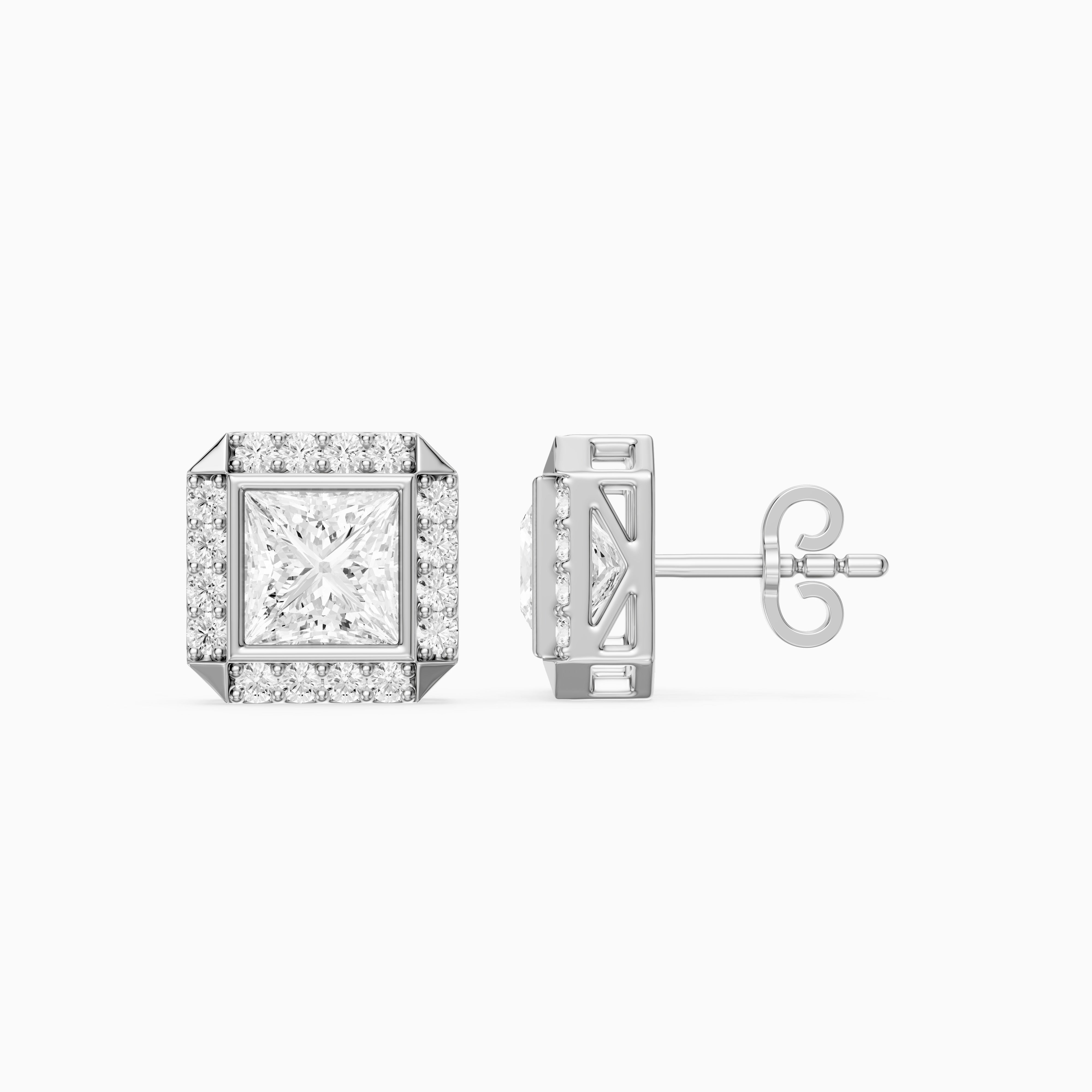 Oksana Princess Cut Lab Grown Diamond Square Halo Stud Earrings