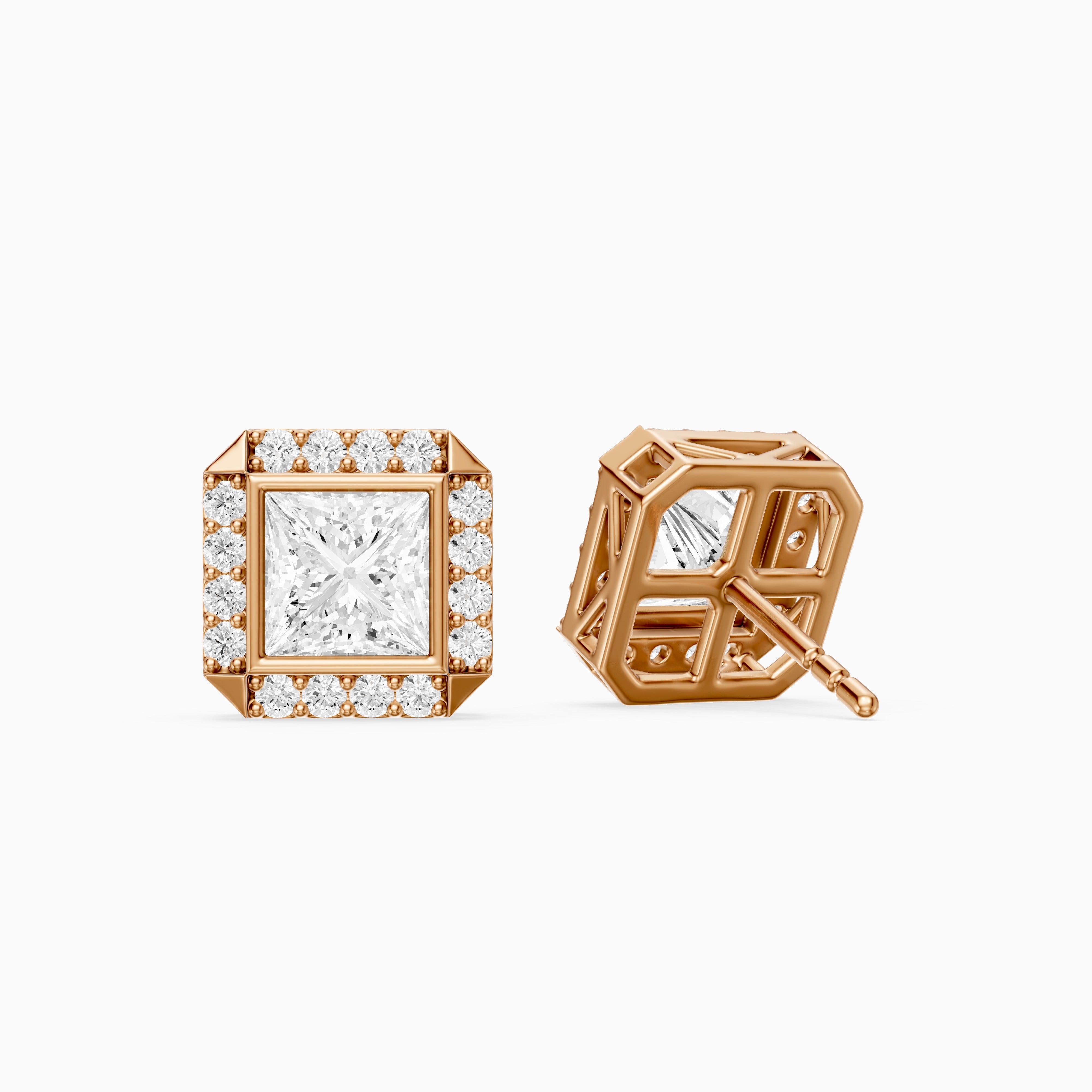 Oksana Princess Cut Lab Grown Diamond Square Halo Stud Earrings