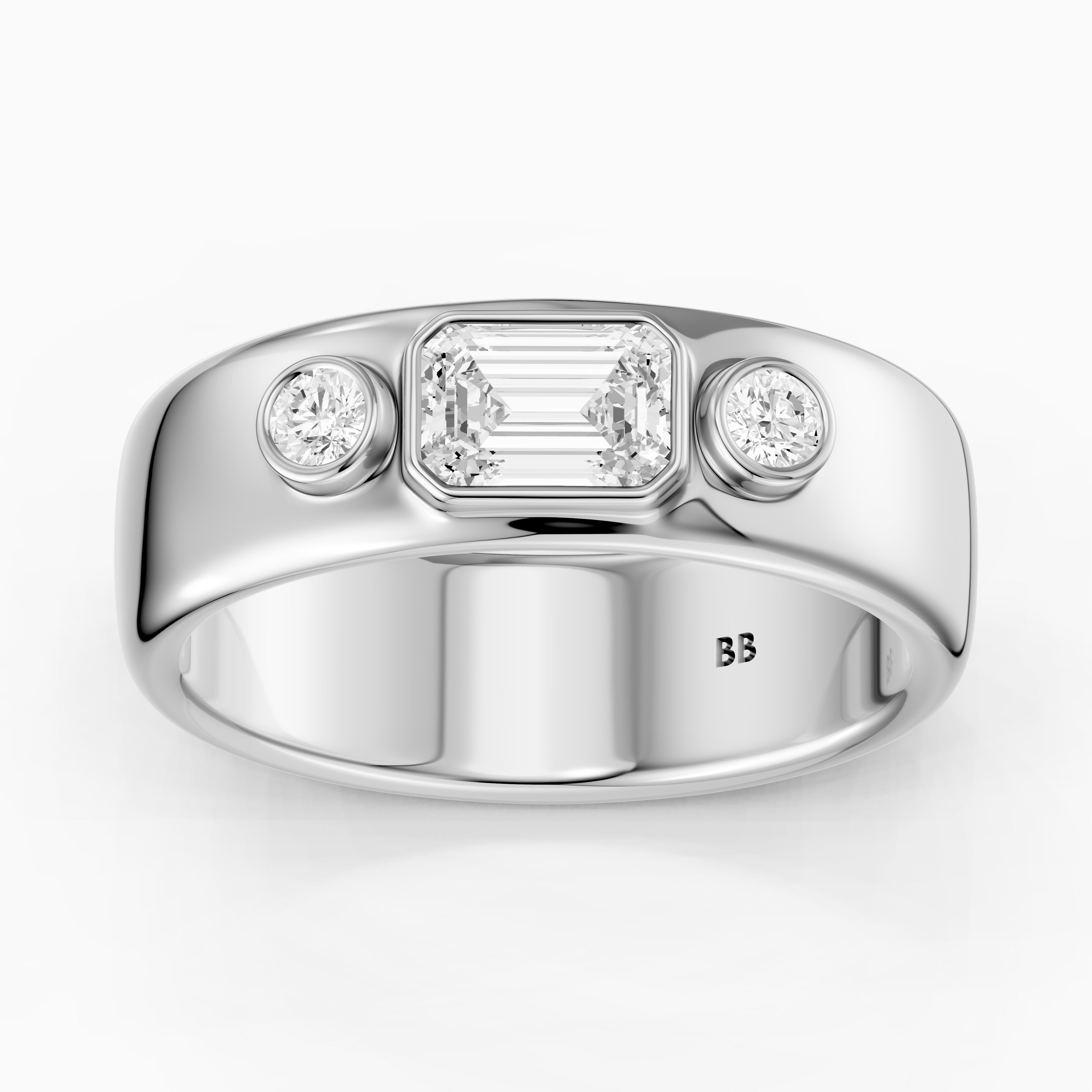 Catarina Emerald Cut Lab Diamond Bezel Set Three Stone Cigar Band