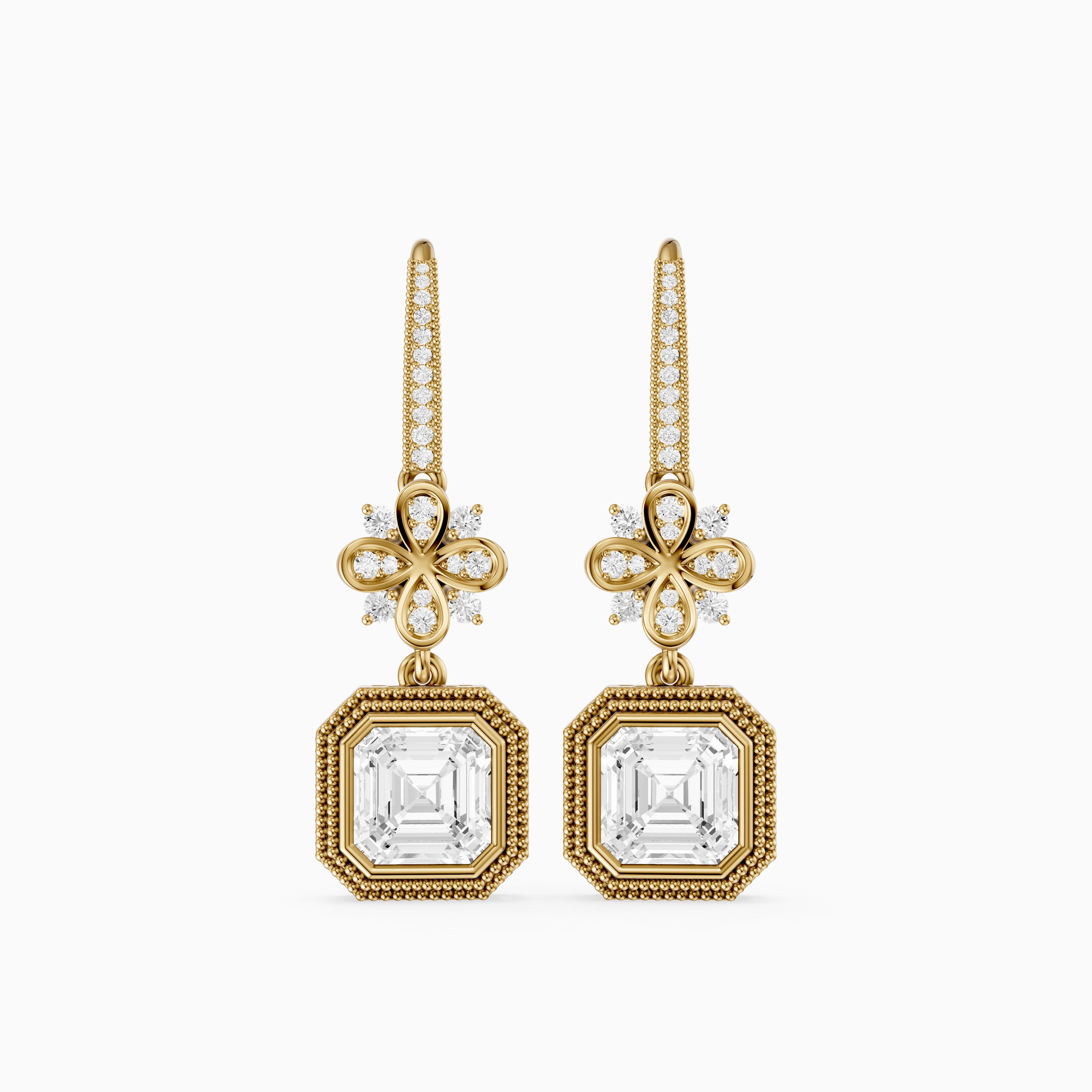 Easton Asscher Cut Lab Grown Diamond Floral Drop Earrings with Pave Bar