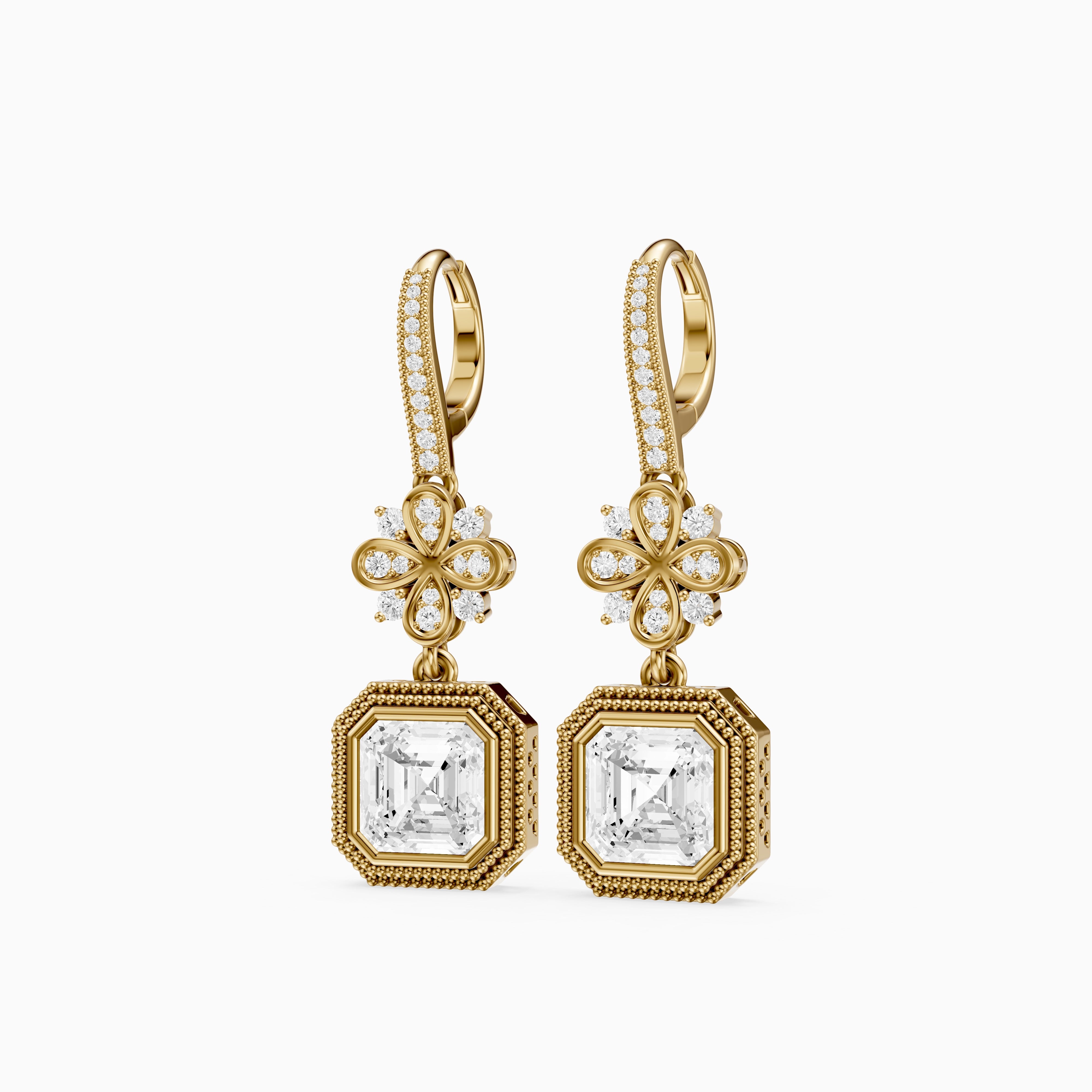 Easton Asscher Cut Lab Grown Diamond Floral Drop Earrings with Pave Bar