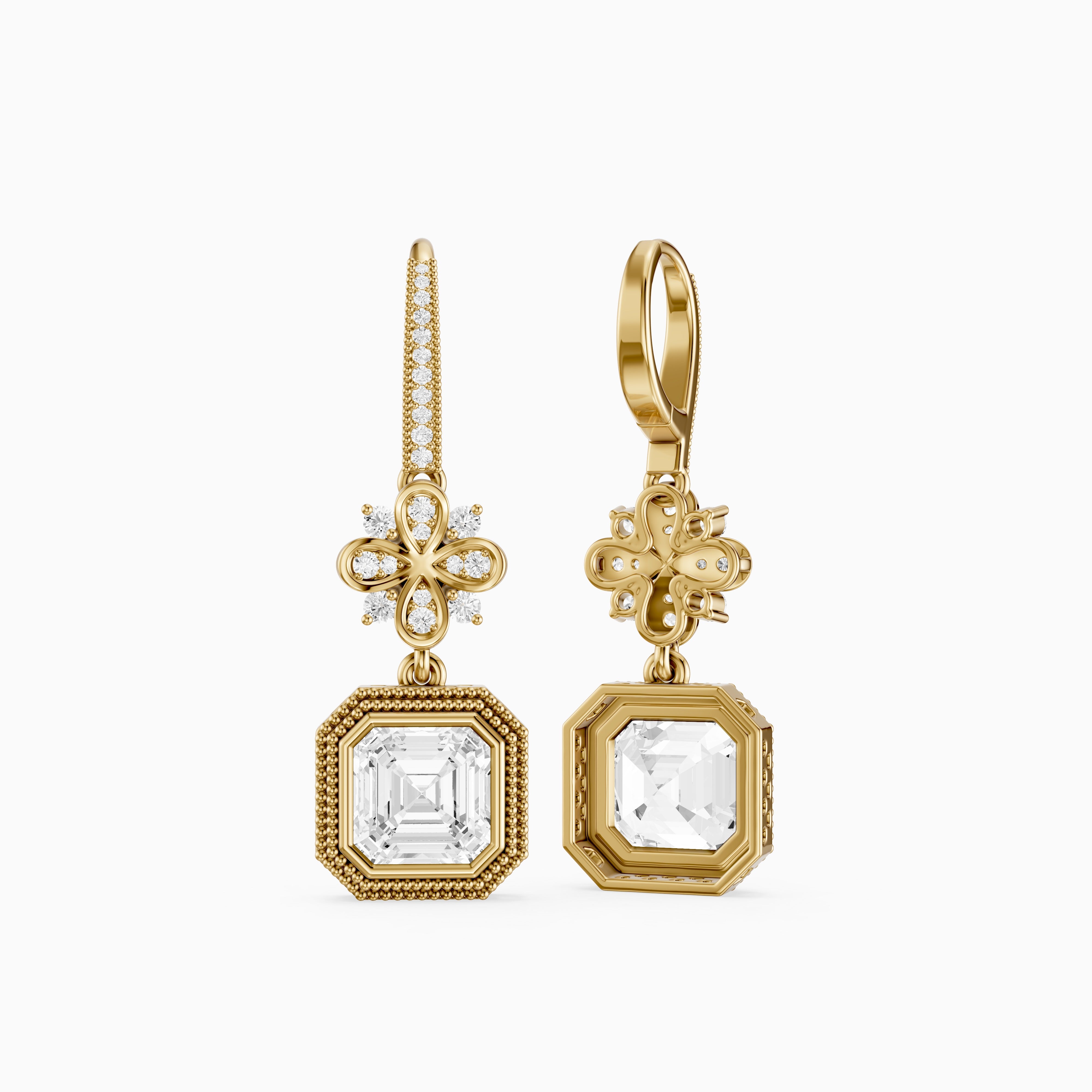 Easton Asscher Cut Lab Grown Diamond Floral Drop Earrings with Pave Bar