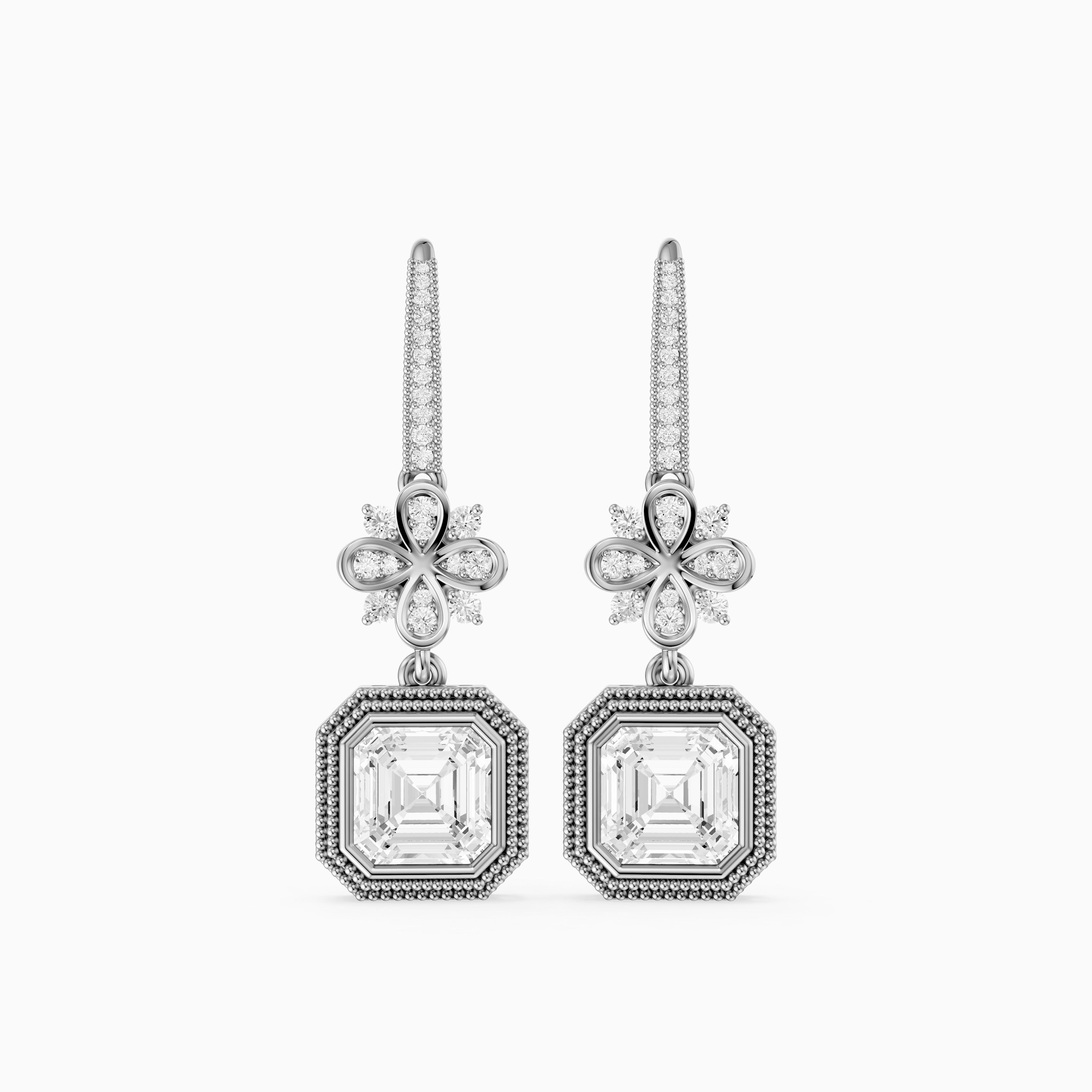 Easton Asscher Cut Lab Grown Diamond Floral Drop Earrings with Pave Bar