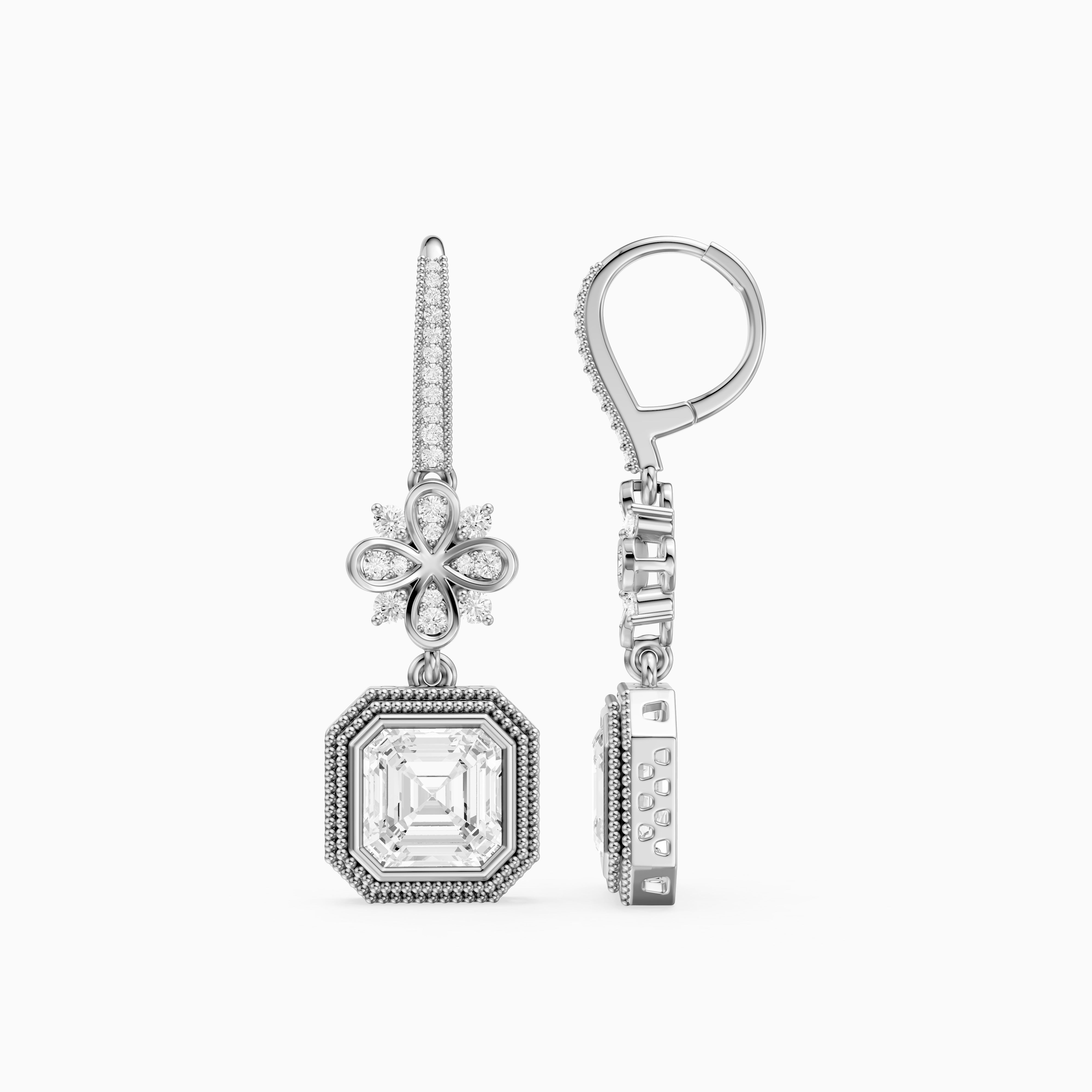 Easton Asscher Cut Lab Grown Diamond Floral Drop Earrings with Pave Bar