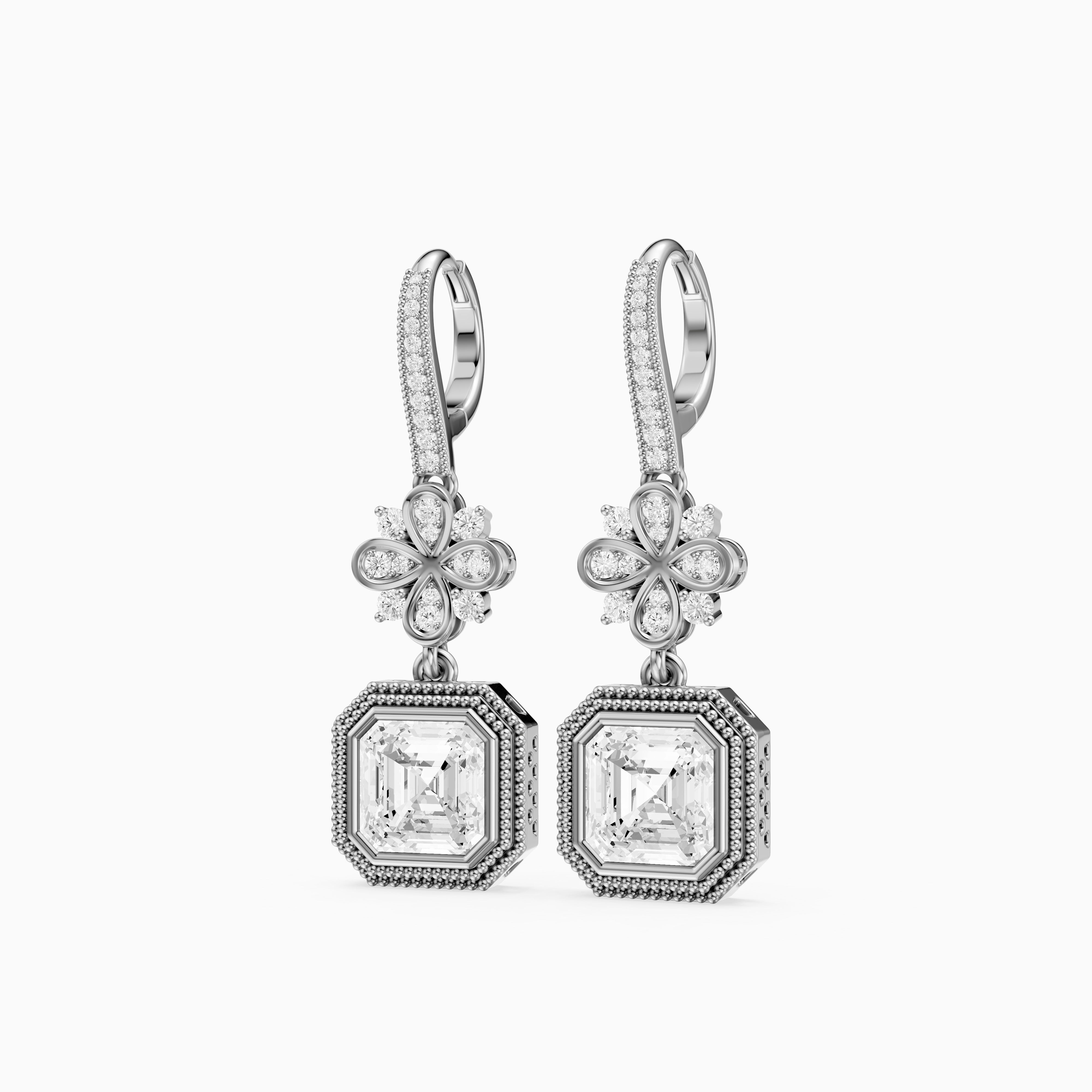 Easton Asscher Cut Lab Grown Diamond Floral Drop Earrings with Pave Bar