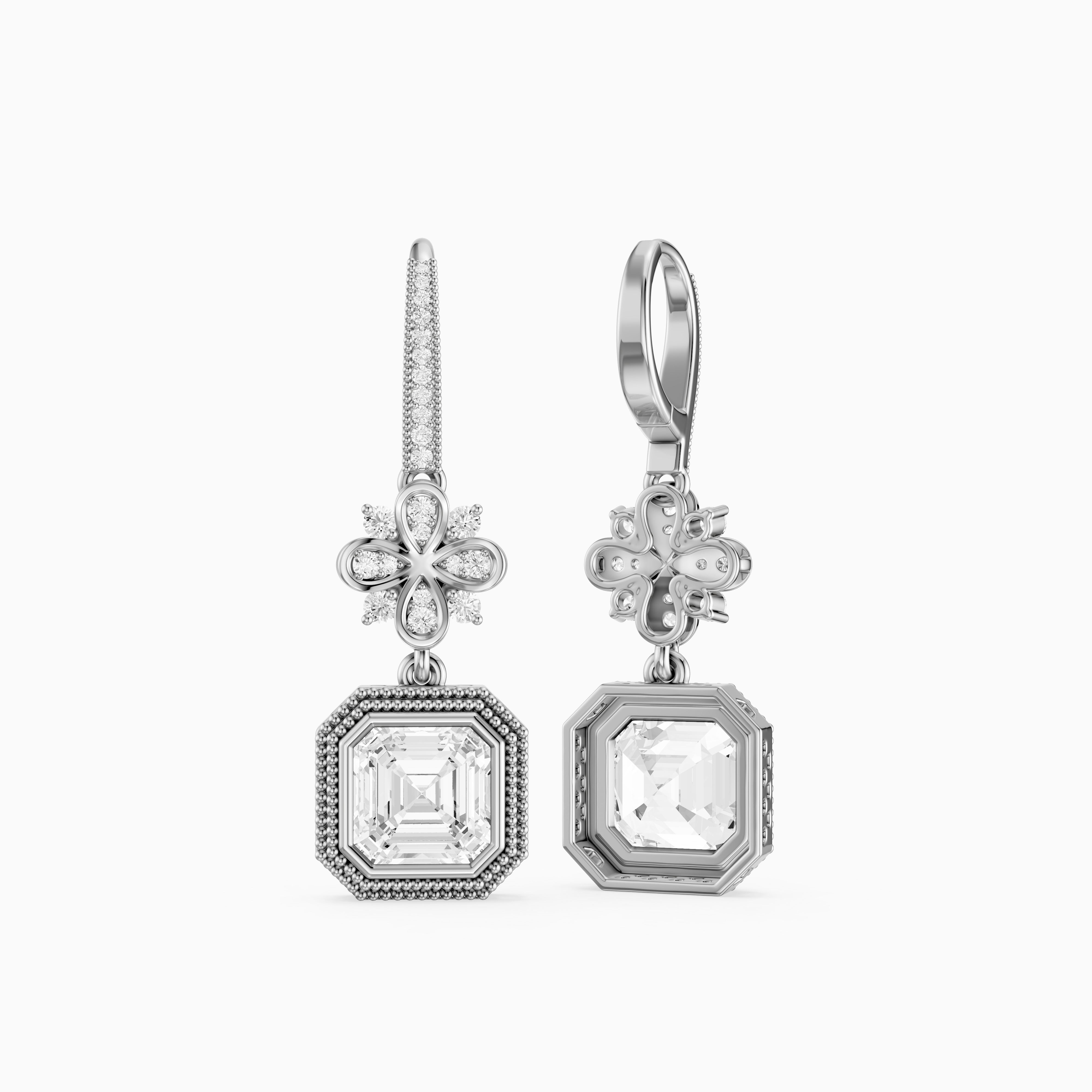 Easton Asscher Cut Lab Grown Diamond Floral Drop Earrings with Pave Bar