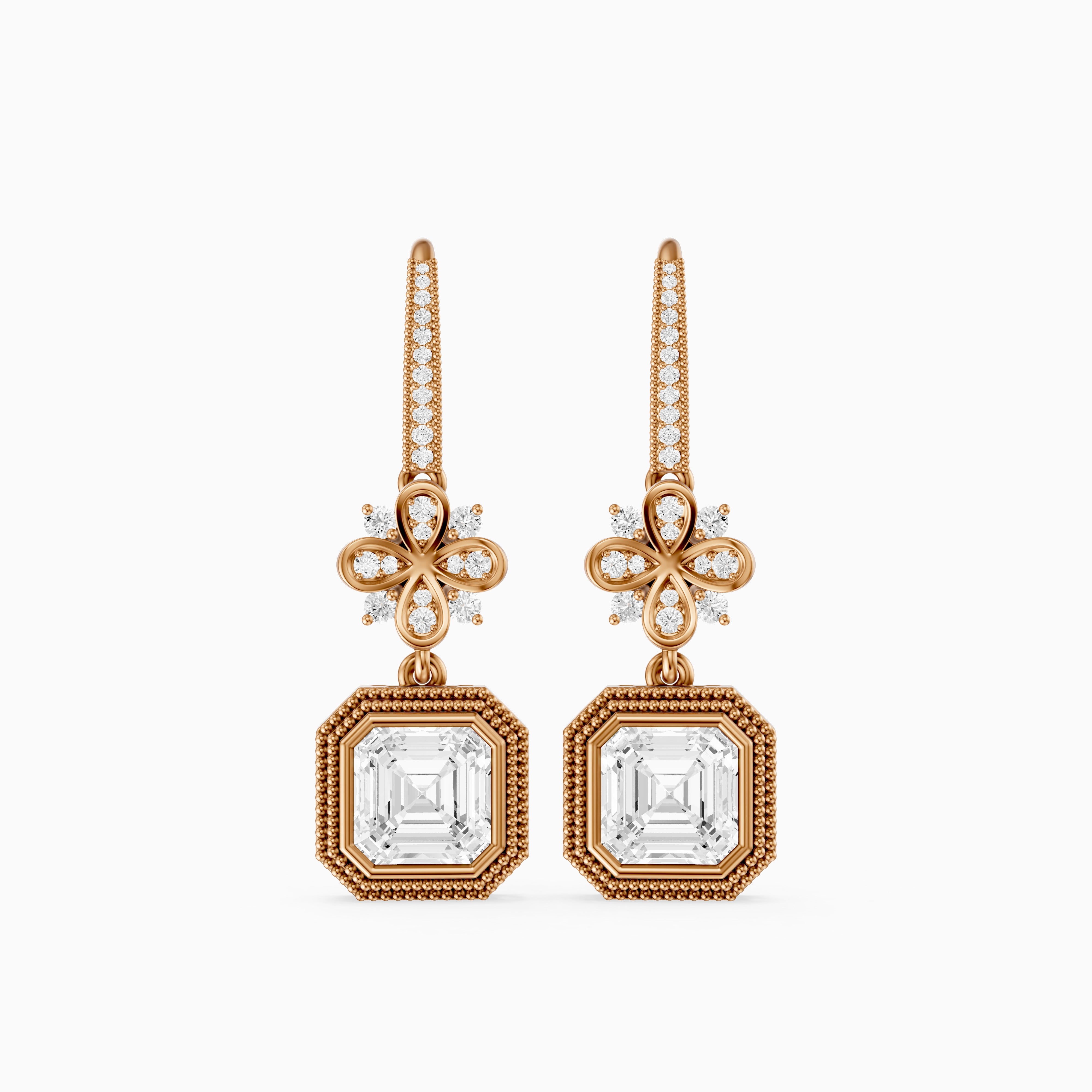 Easton Asscher Cut Lab Grown Diamond Floral Drop Earrings with Pave Bar