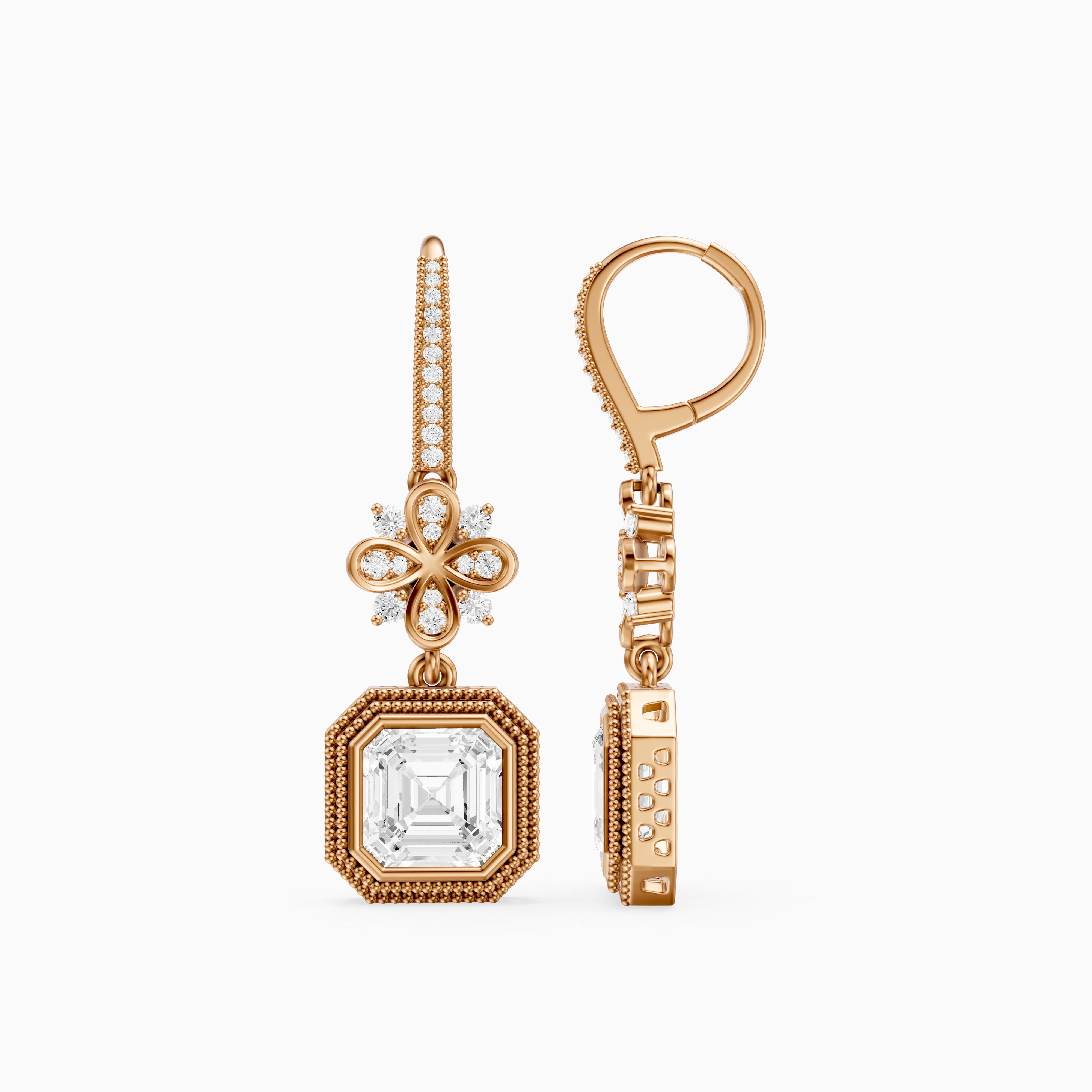Easton Asscher Cut Lab Grown Diamond Floral Drop Earrings with Pave Bar