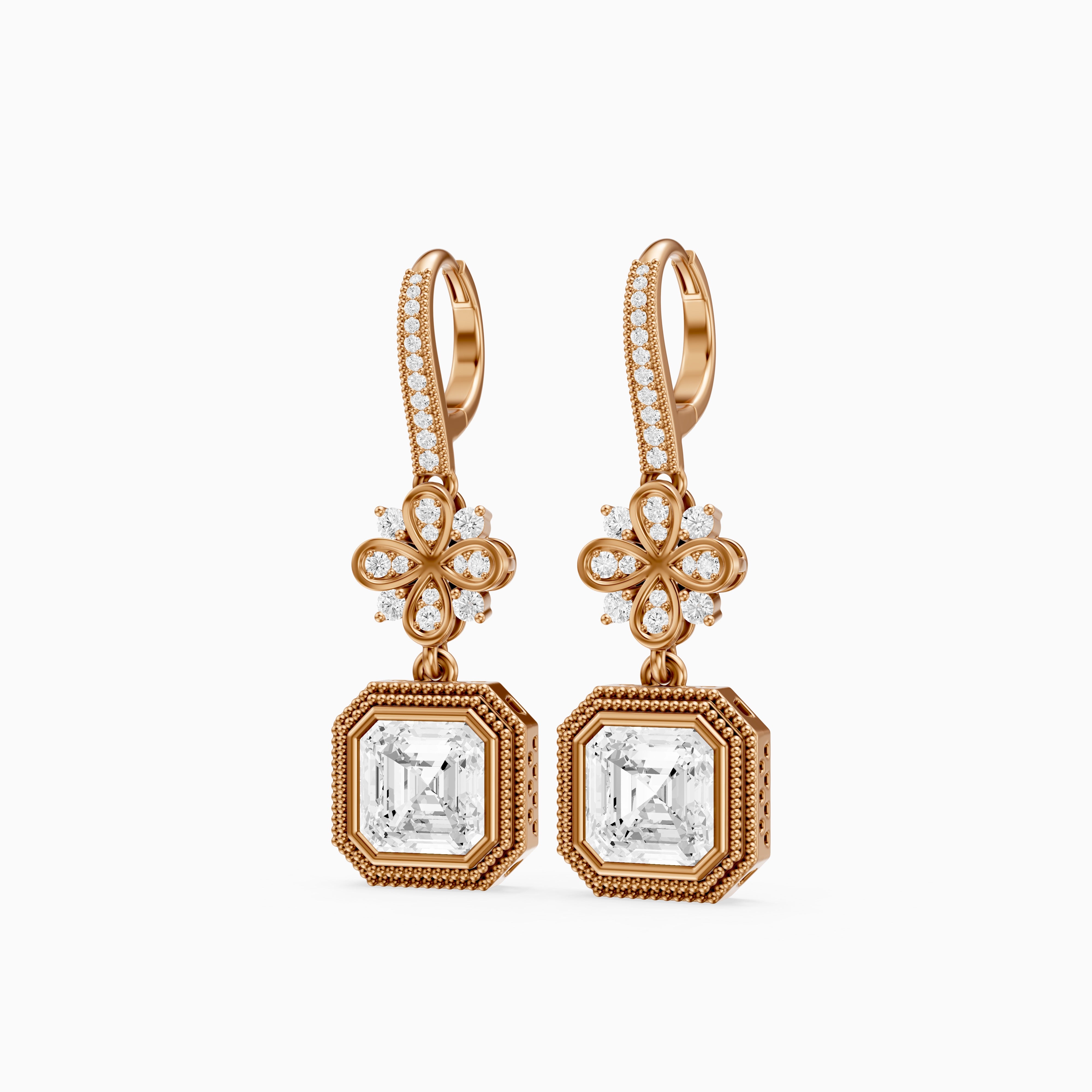 Easton Asscher Cut Lab Grown Diamond Floral Drop Earrings with Pave Bar