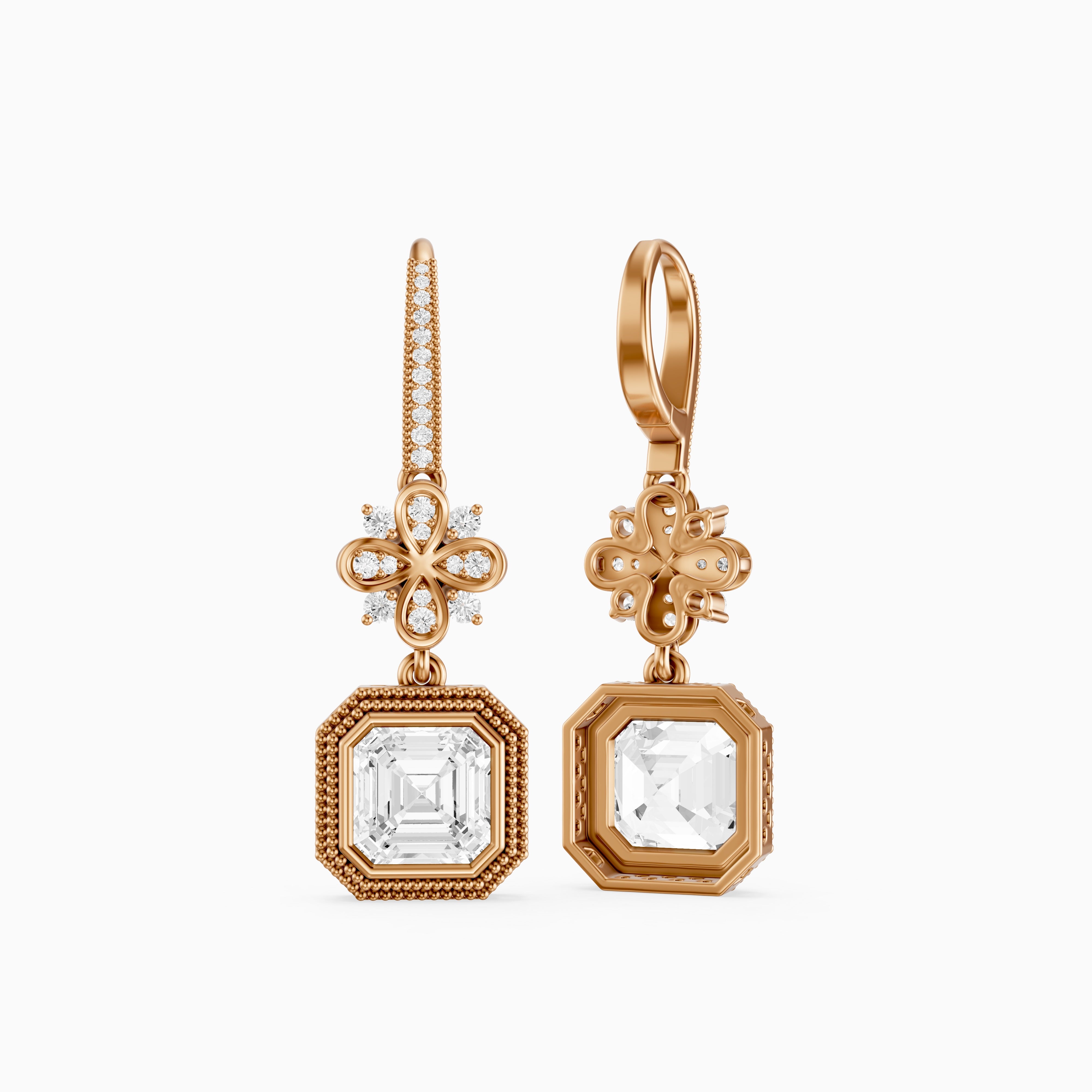 Easton Asscher Cut Lab Grown Diamond Floral Drop Earrings with Pave Bar