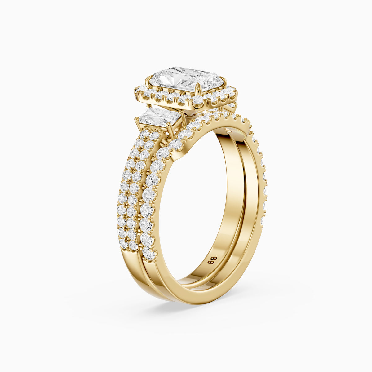 Seren Three Stone Radiant Cut Lab Grown Diamond Halo Bridal Set