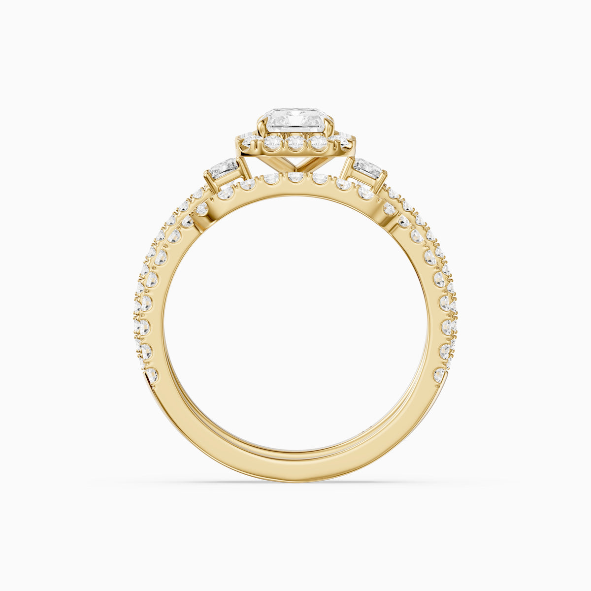 Seren Three Stone Radiant Cut Lab Grown Diamond Halo Bridal Set
