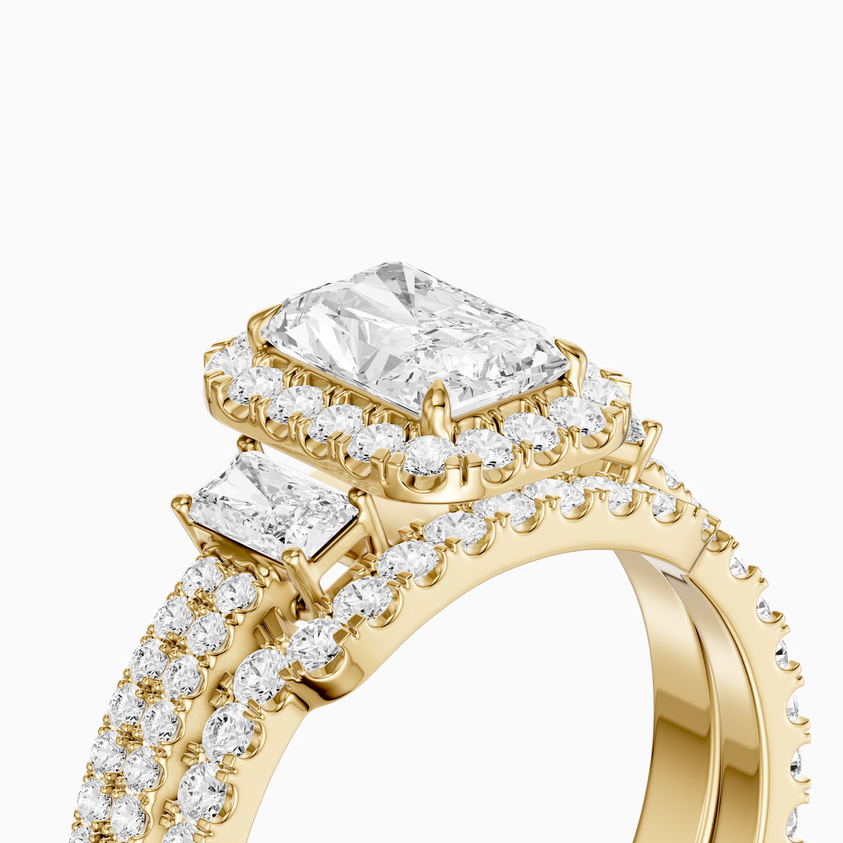Seren Three Stone Radiant Cut Lab Grown Diamond Halo Bridal Set
