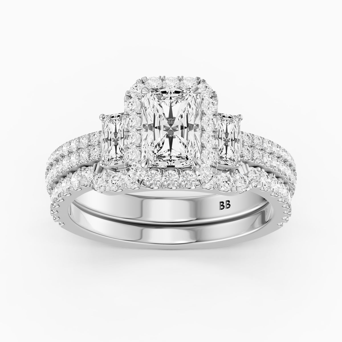 Seren Three Stone Radiant Cut Lab Grown Diamond Halo Bridal Set