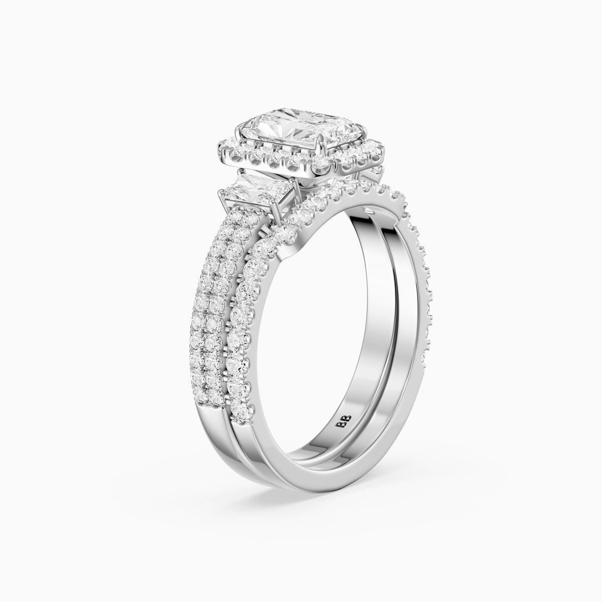 Seren Three Stone Radiant Cut Lab Grown Diamond Halo Bridal Set