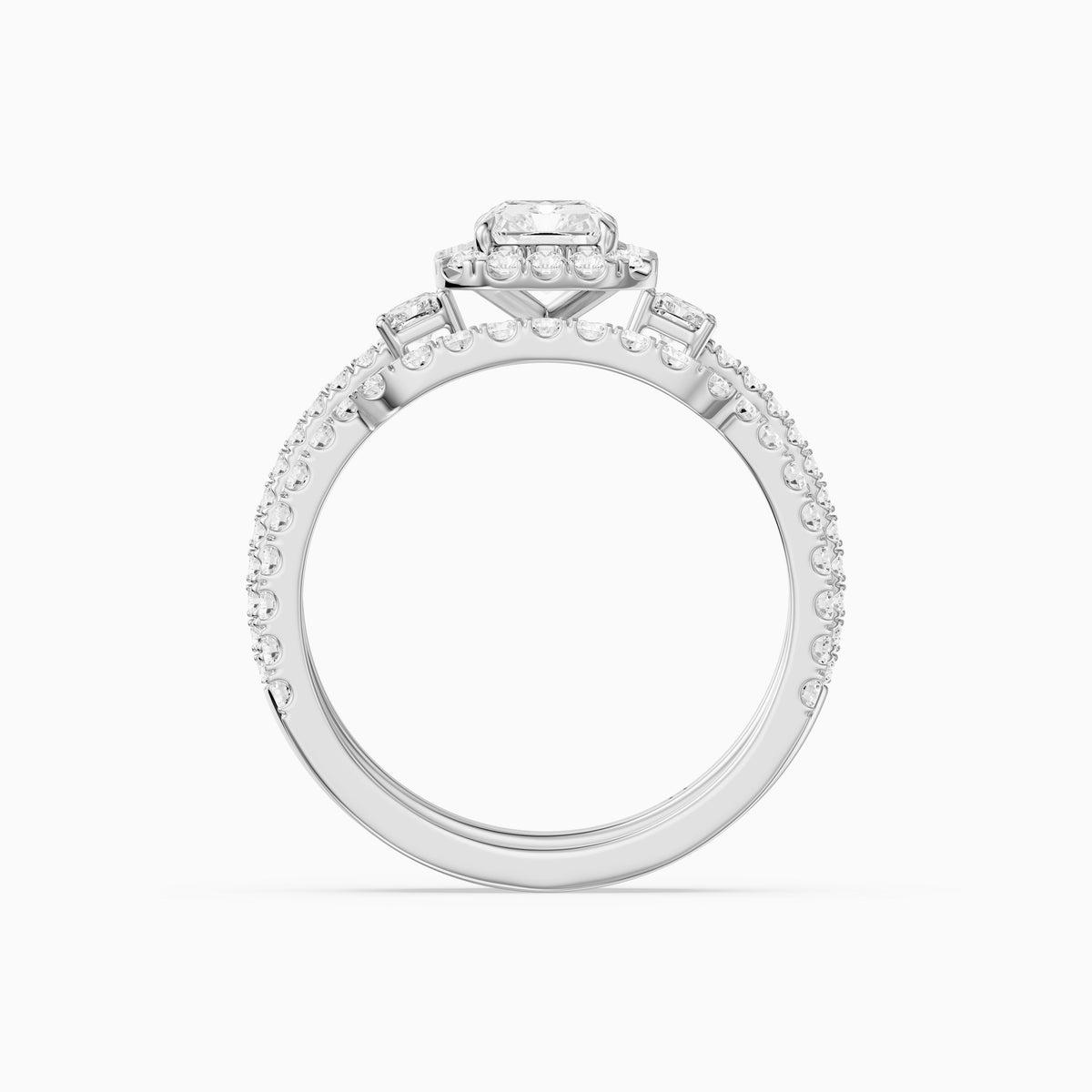 Seren Three Stone Radiant Cut Lab Grown Diamond Halo Bridal Set