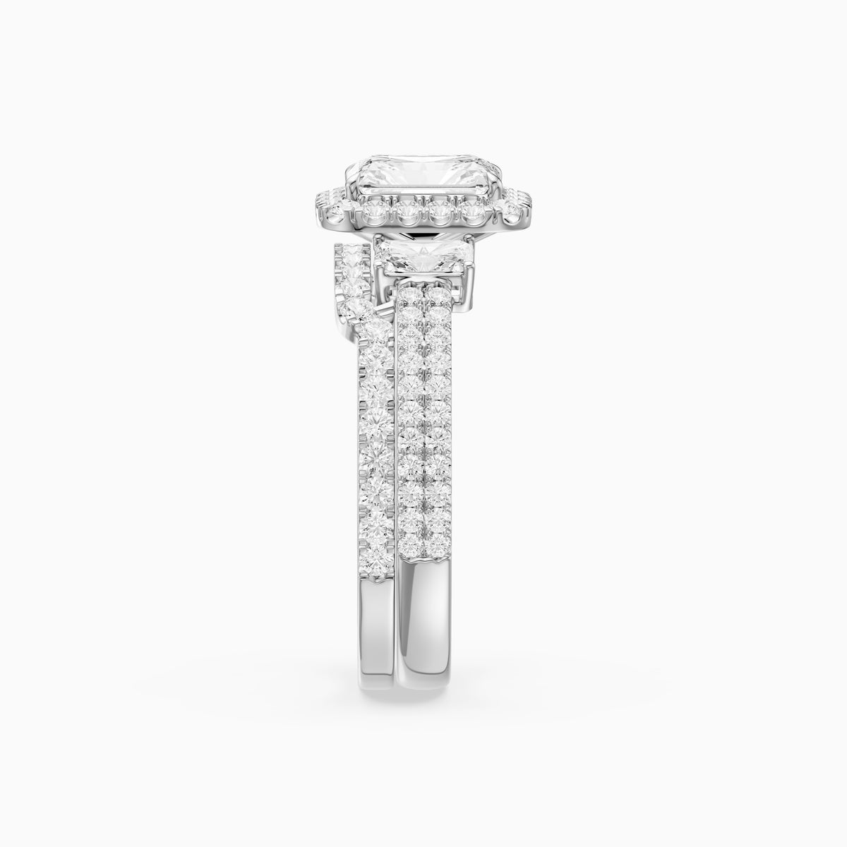 Seren Three Stone Radiant Cut Lab Grown Diamond Halo Bridal Set