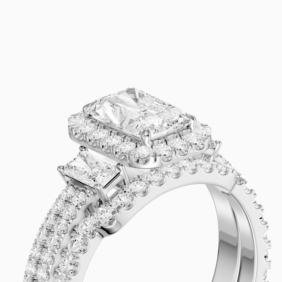 Seren Three Stone Radiant Cut Lab Grown Diamond Halo Bridal Set