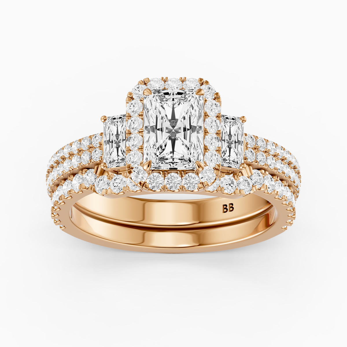 Seren Three Stone Radiant Cut Lab Grown Diamond Halo Bridal Set