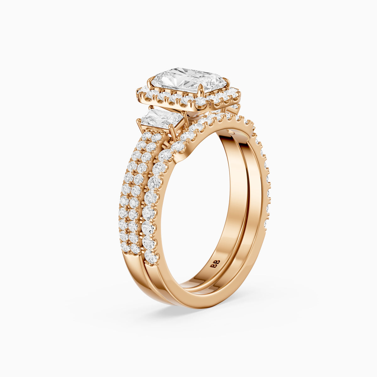 Seren Three Stone Radiant Cut Lab Grown Diamond Halo Bridal Set