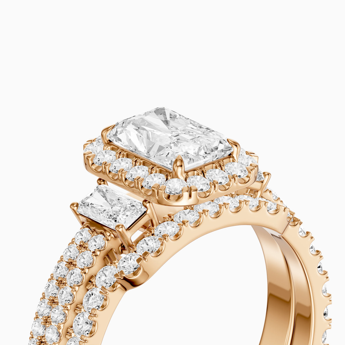 Seren Three Stone Radiant Cut Lab Grown Diamond Halo Bridal Set
