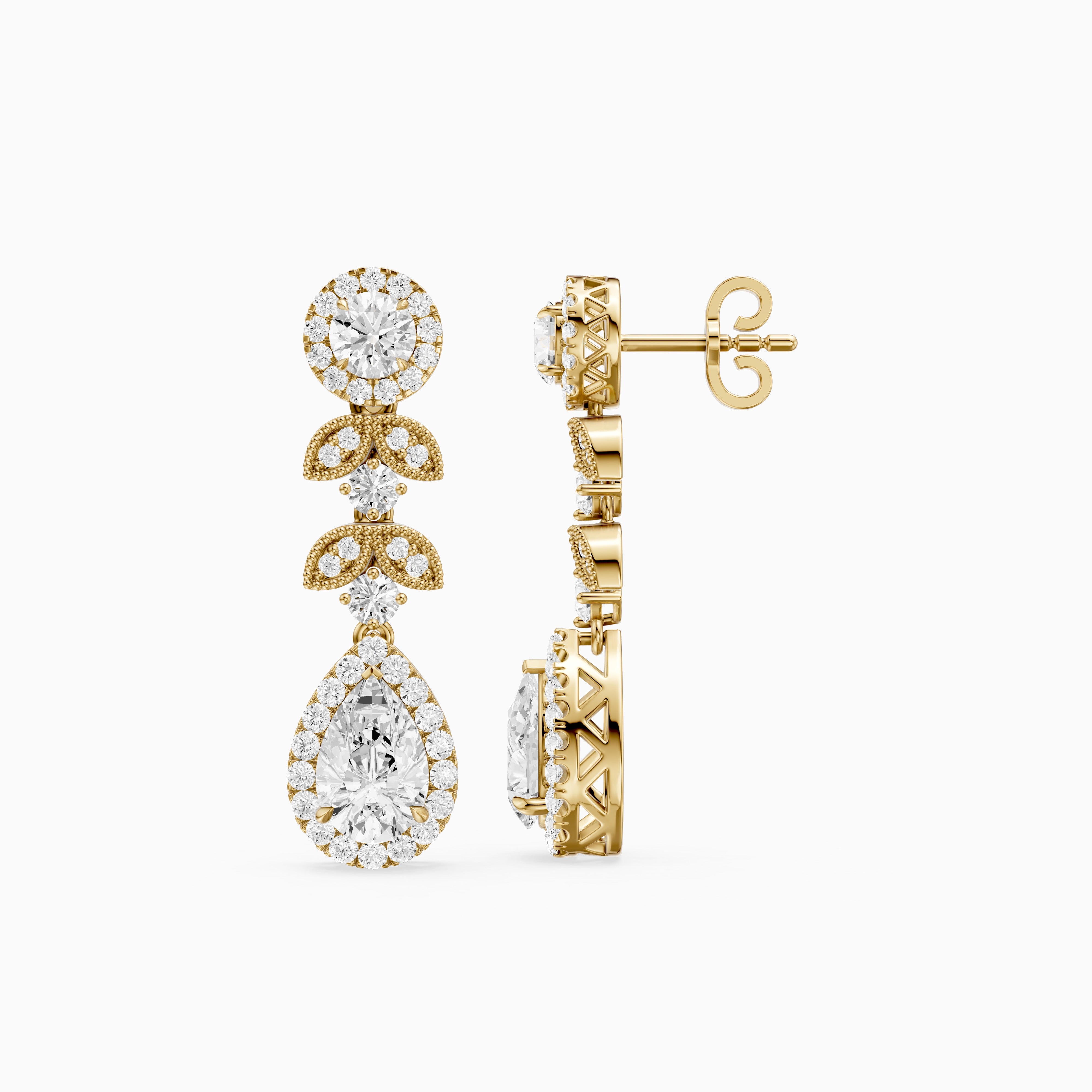 Galilea Pear and Round Vintage Filigree Lab Grown Diamond Drop Earrings