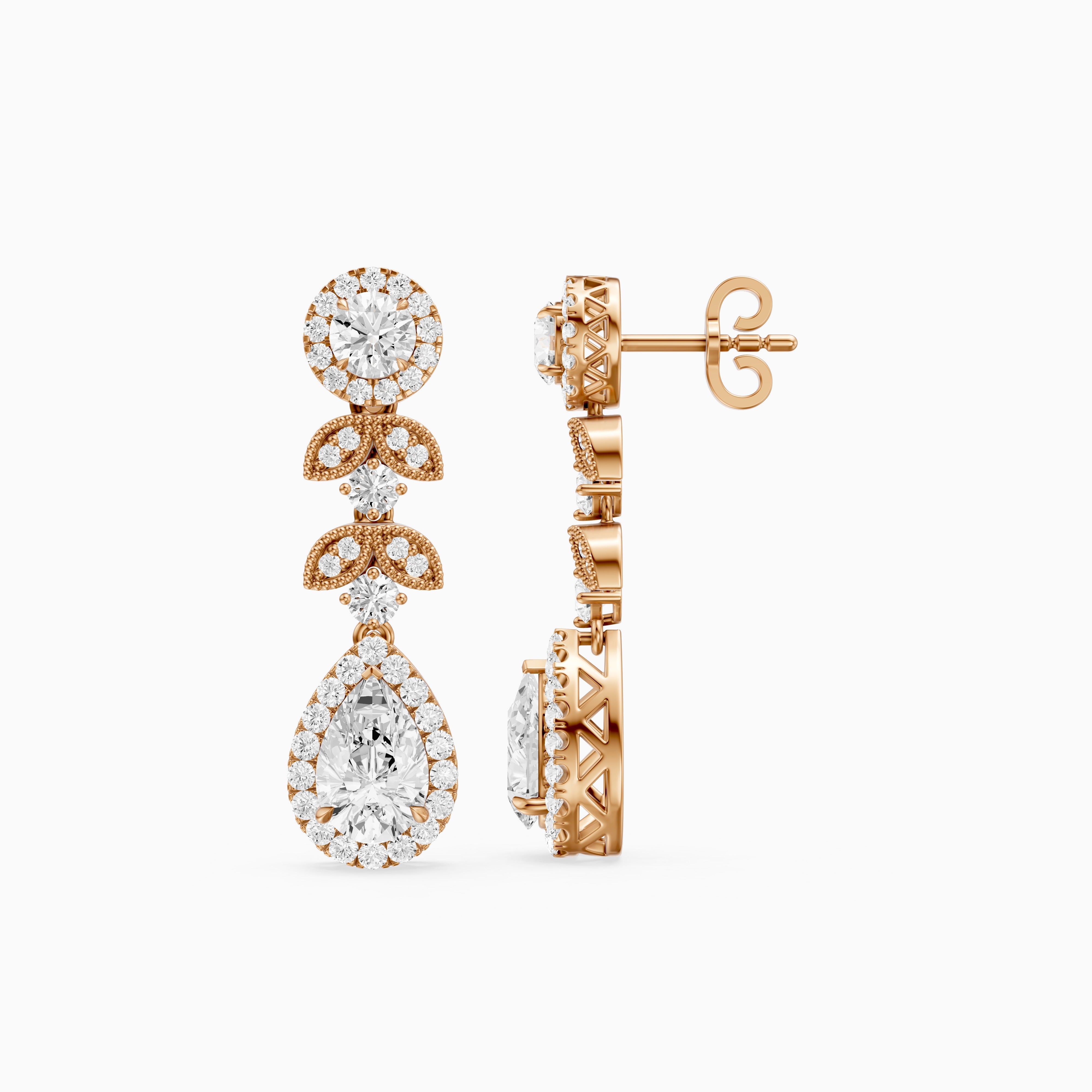 Galilea Pear and Round Vintage Filigree Lab Grown Diamond Drop Earrings
