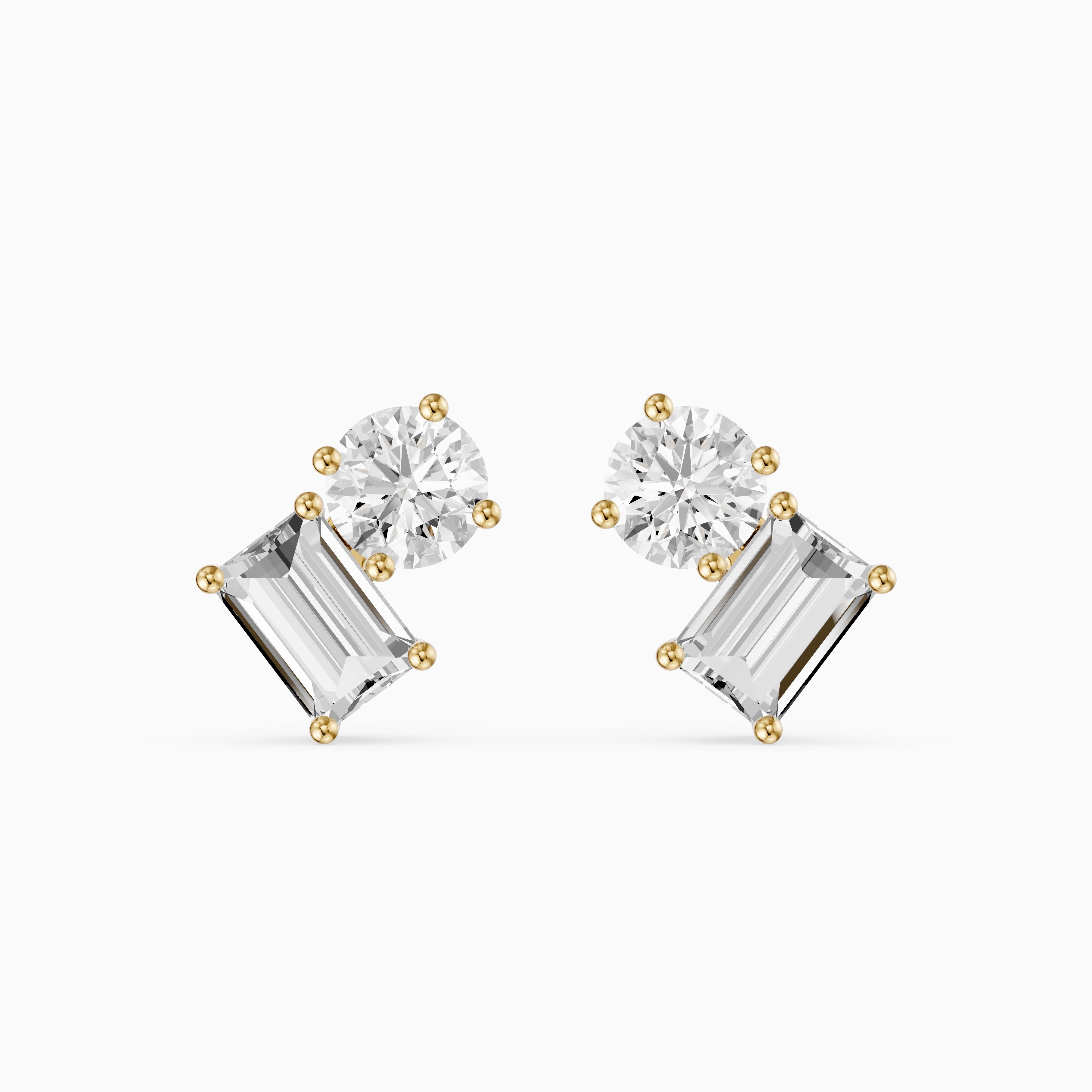 Alodia Round and Emerald Cut Lab Grown Diamond Two Stone Stud Earrings
