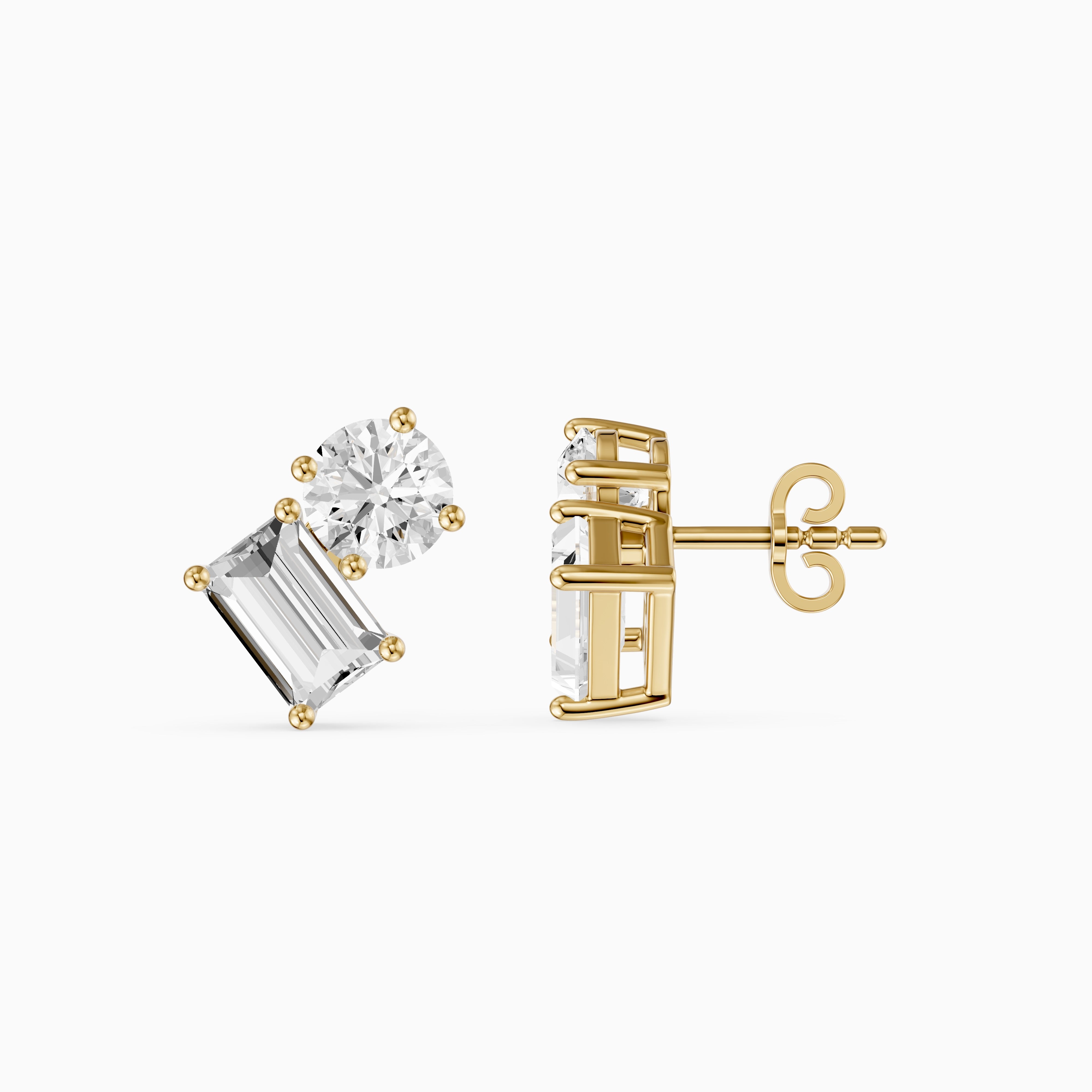 Alodia Round and Emerald Cut Lab Grown Diamond Two Stone Stud Earrings