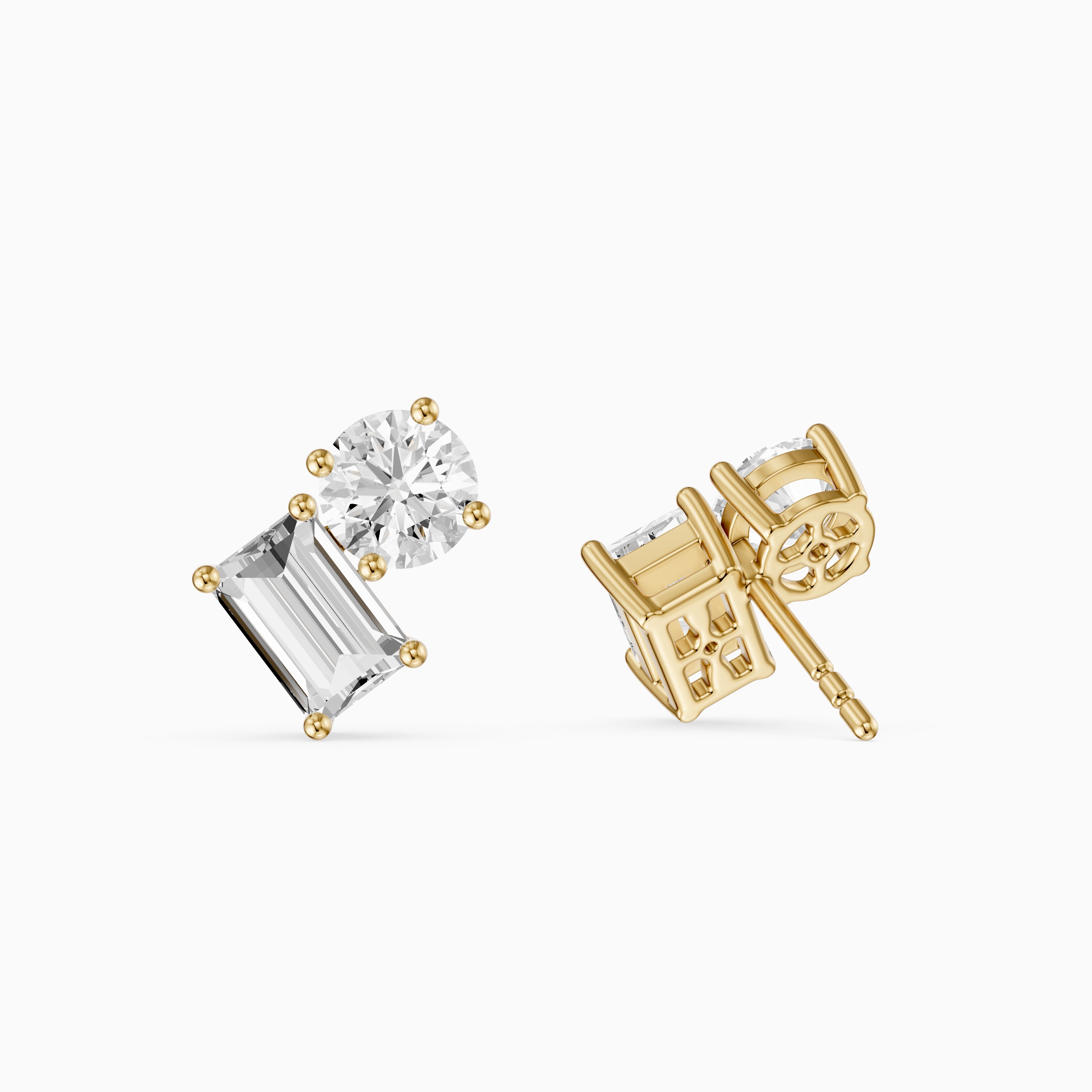 Alodia Round and Emerald Cut Lab Grown Diamond Two Stone Stud Earrings