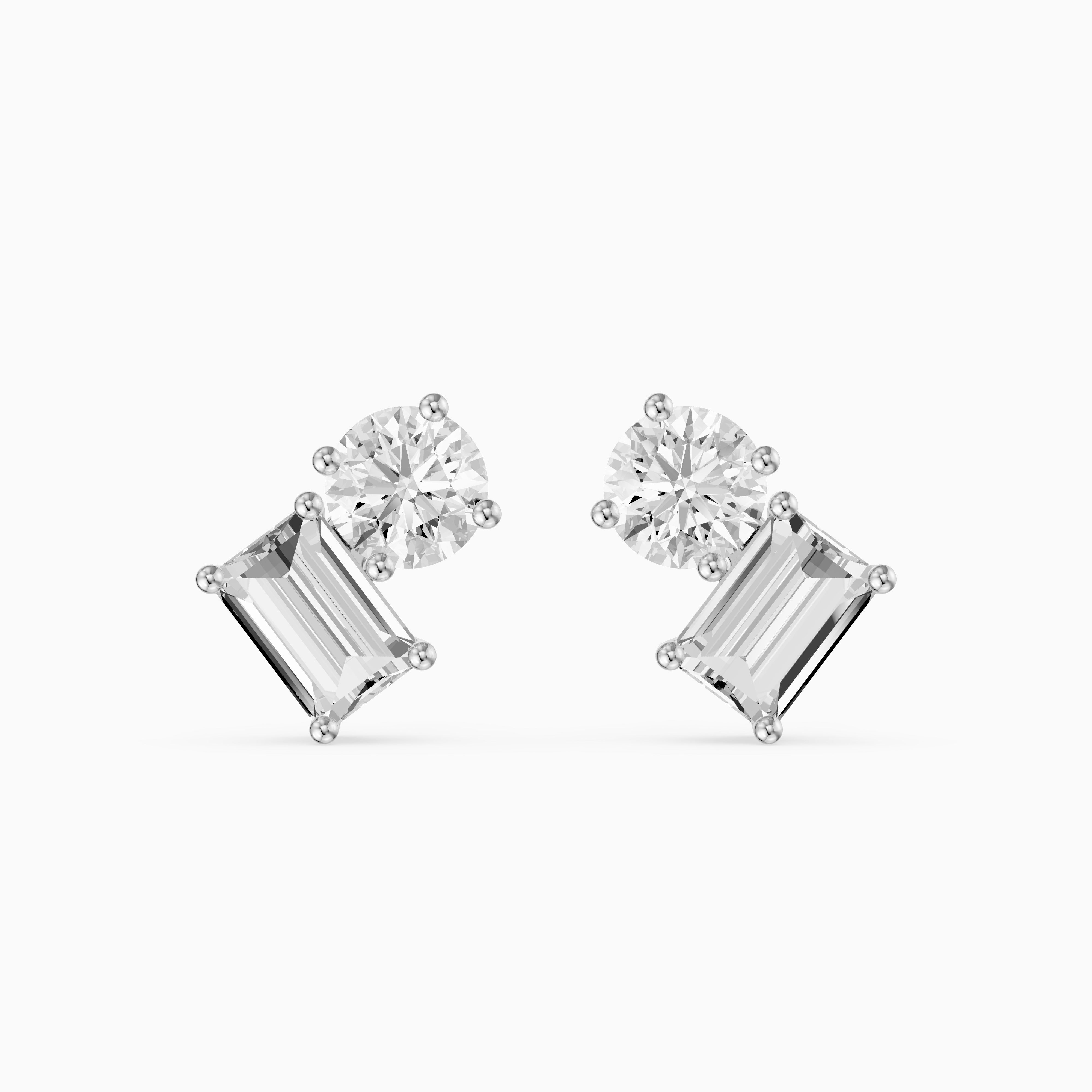 Alodia Round and Emerald Cut Lab Grown Diamond Two Stone Stud Earrings