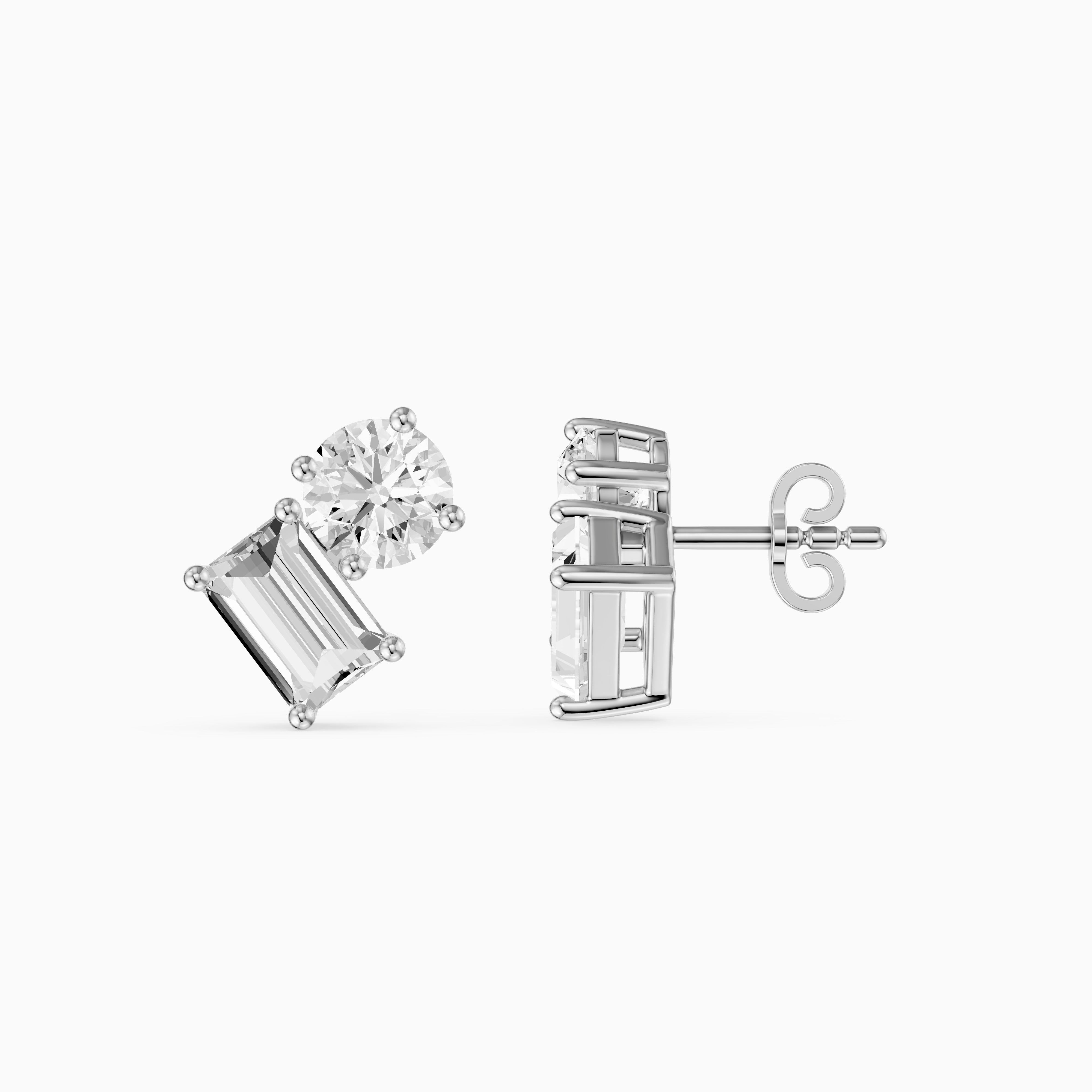 Alodia Round and Emerald Cut Lab Grown Diamond Two Stone Stud Earrings