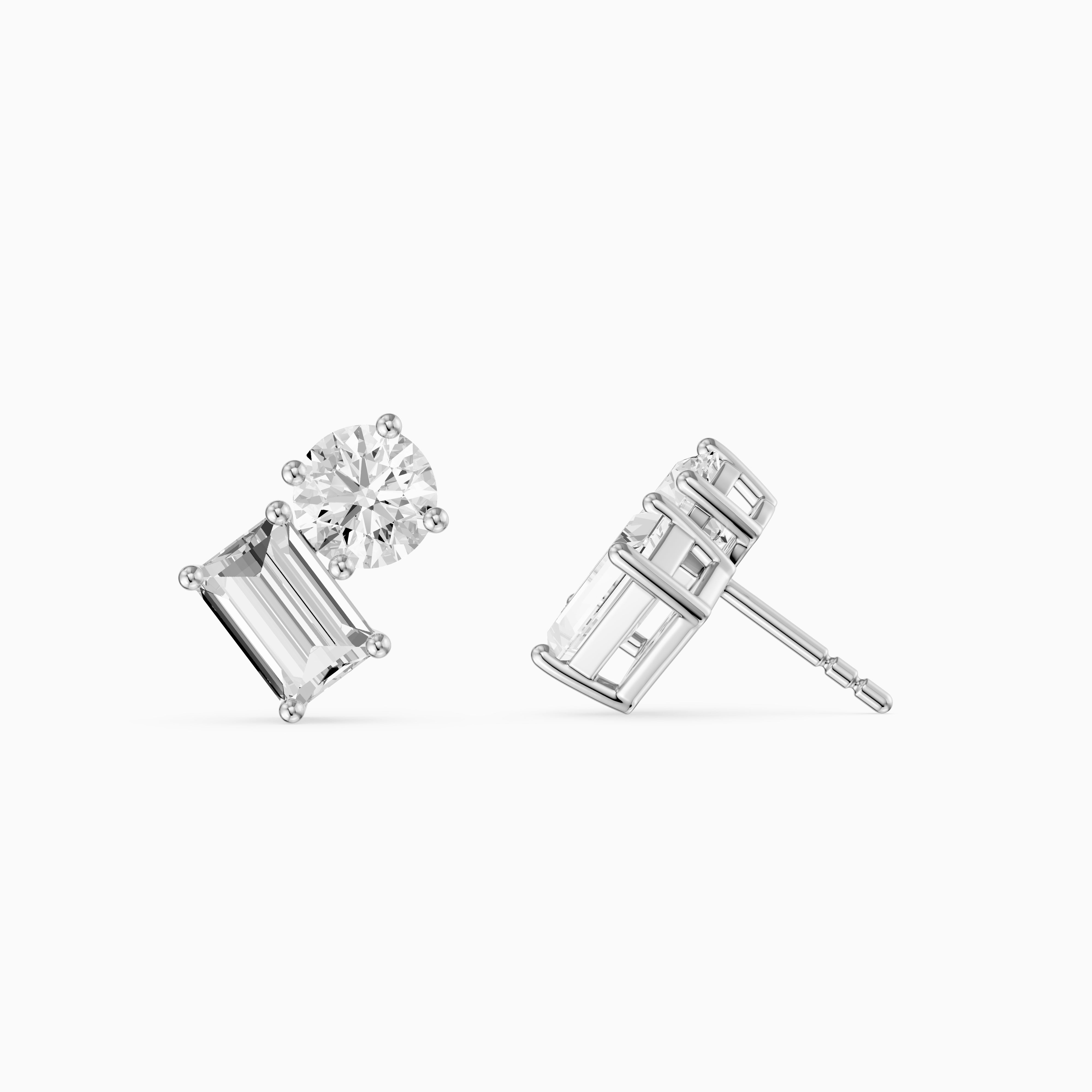 Alodia Round and Emerald Cut Lab Grown Diamond Two Stone Stud Earrings