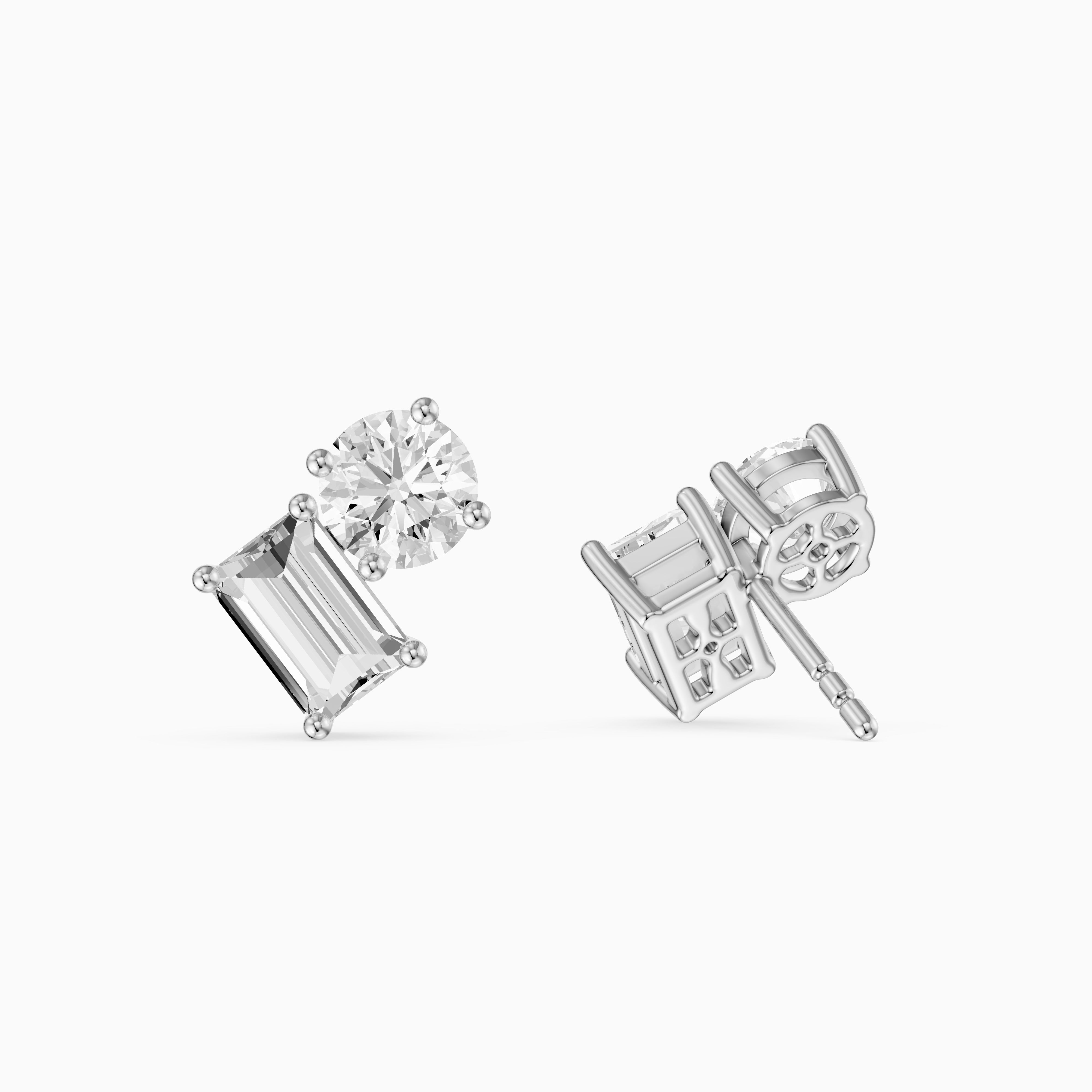 Alodia Round and Emerald Cut Lab Grown Diamond Two Stone Stud Earrings
