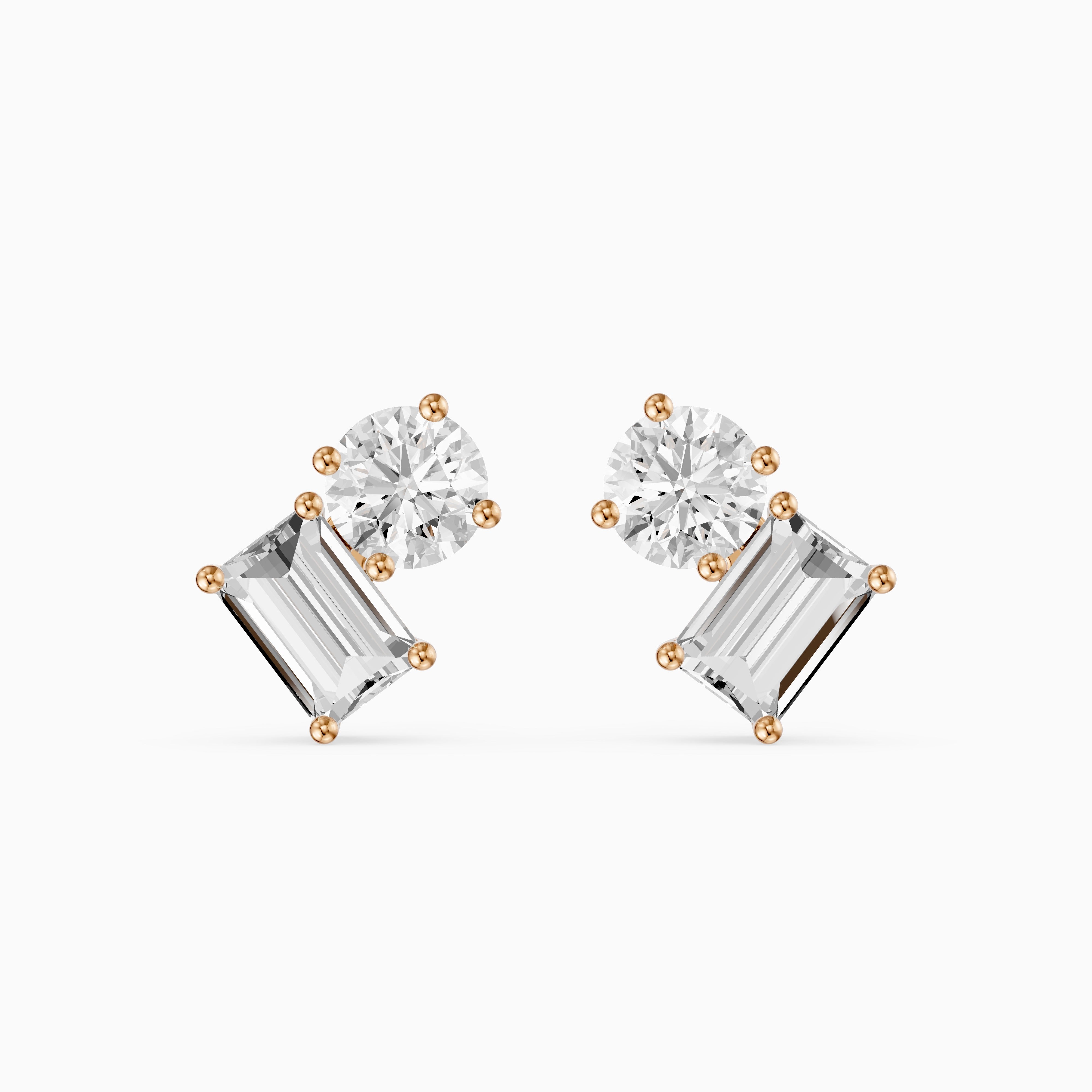 Alodia Round and Emerald Cut Lab Grown Diamond Two Stone Stud Earrings