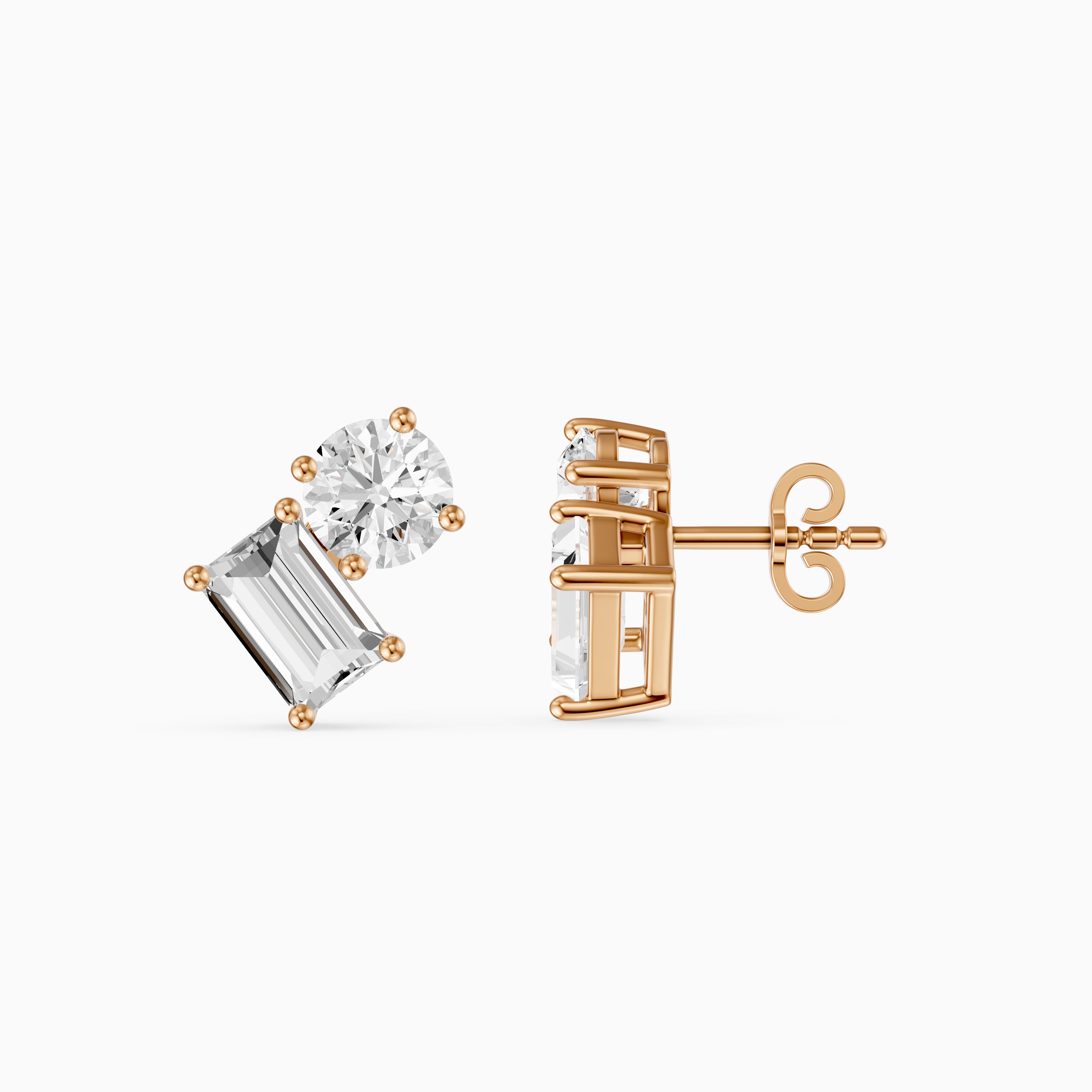 Alodia Round and Emerald Cut Lab Grown Diamond Two Stone Stud Earrings