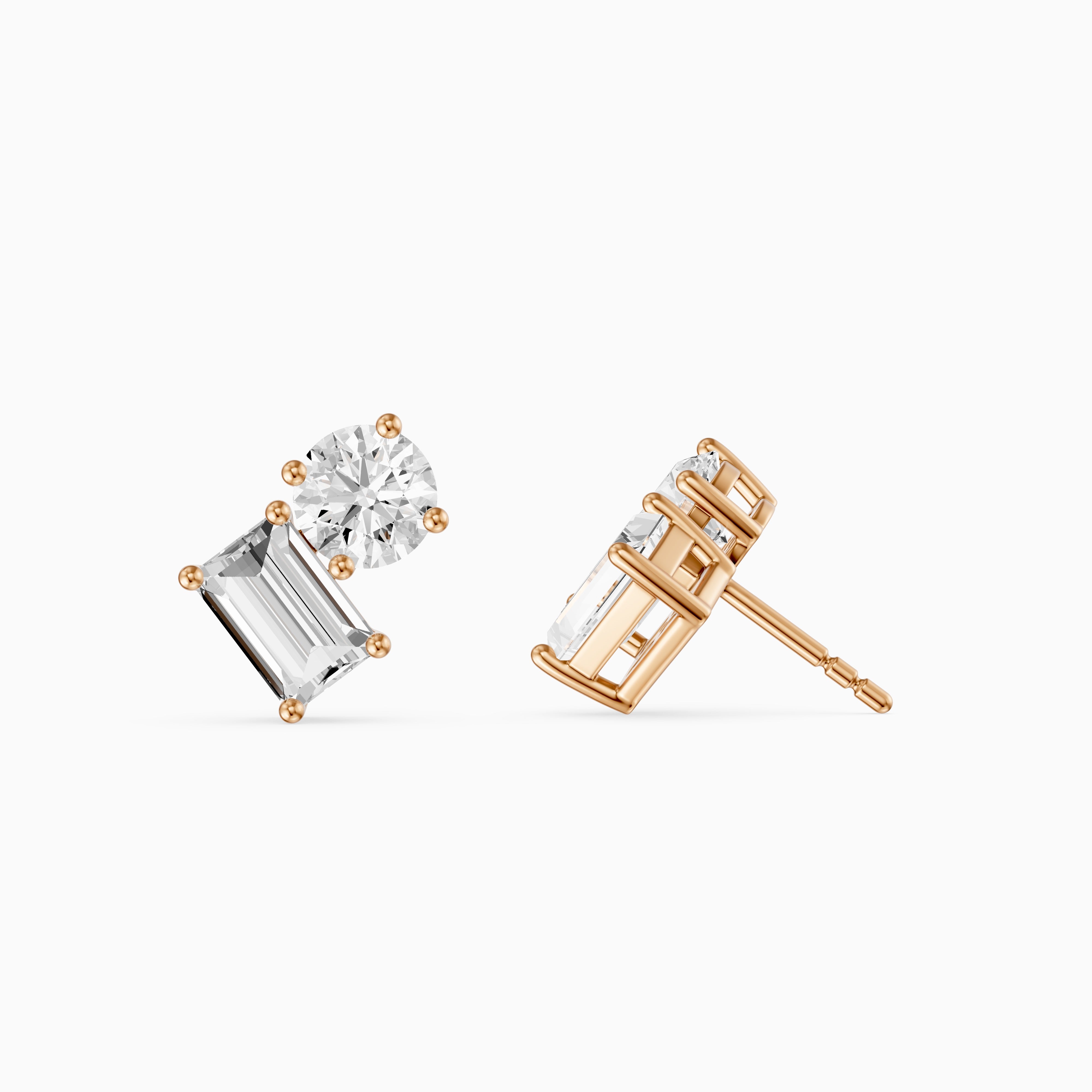 Alodia Round and Emerald Cut Lab Grown Diamond Two Stone Stud Earrings