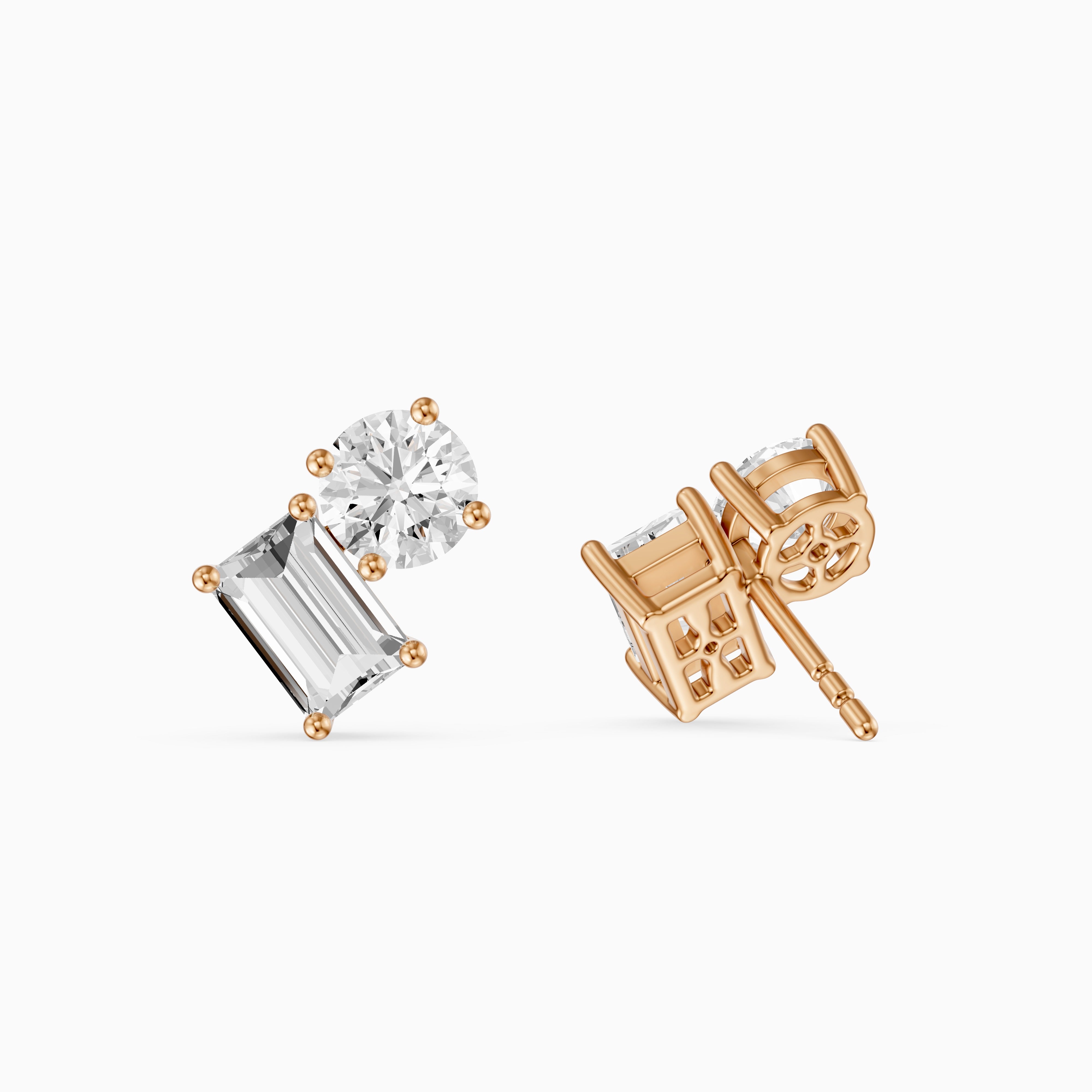 Alodia Round and Emerald Cut Lab Grown Diamond Two Stone Stud Earrings