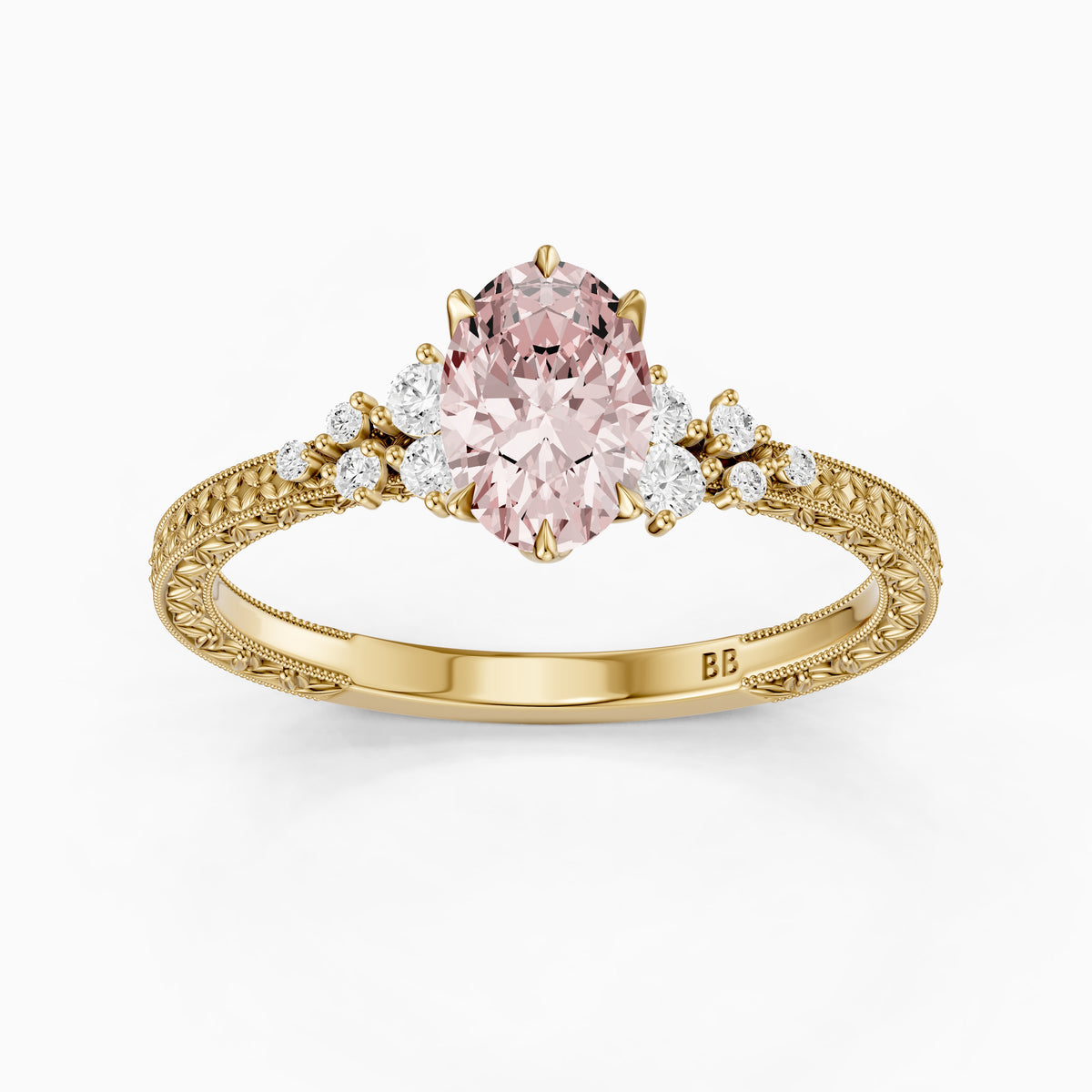 Coralie Oval Pink Lab Grown Diamond Vintage Ring with Milgrain Band