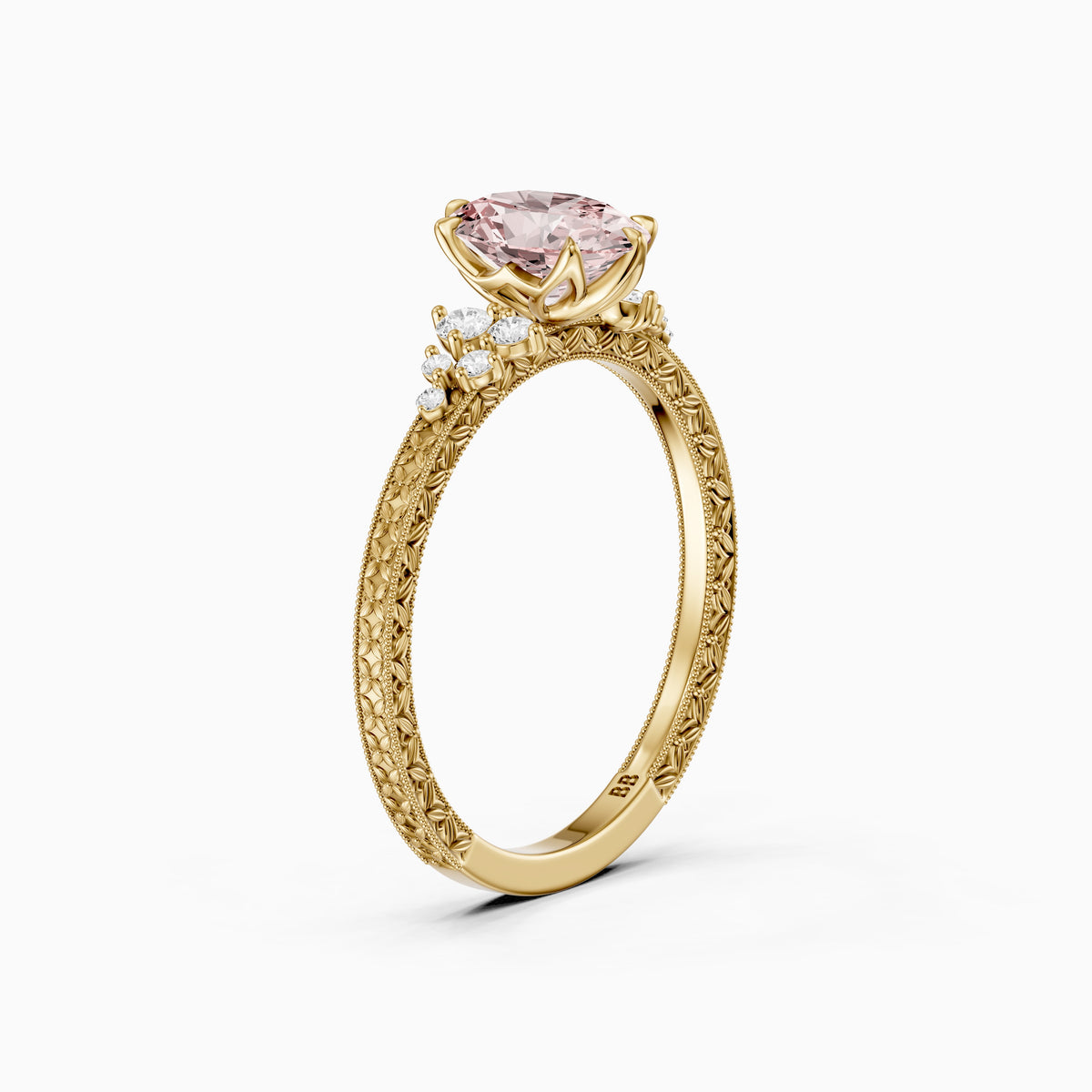 Coralie Oval Pink Lab Grown Diamond Vintage Ring with Milgrain Band