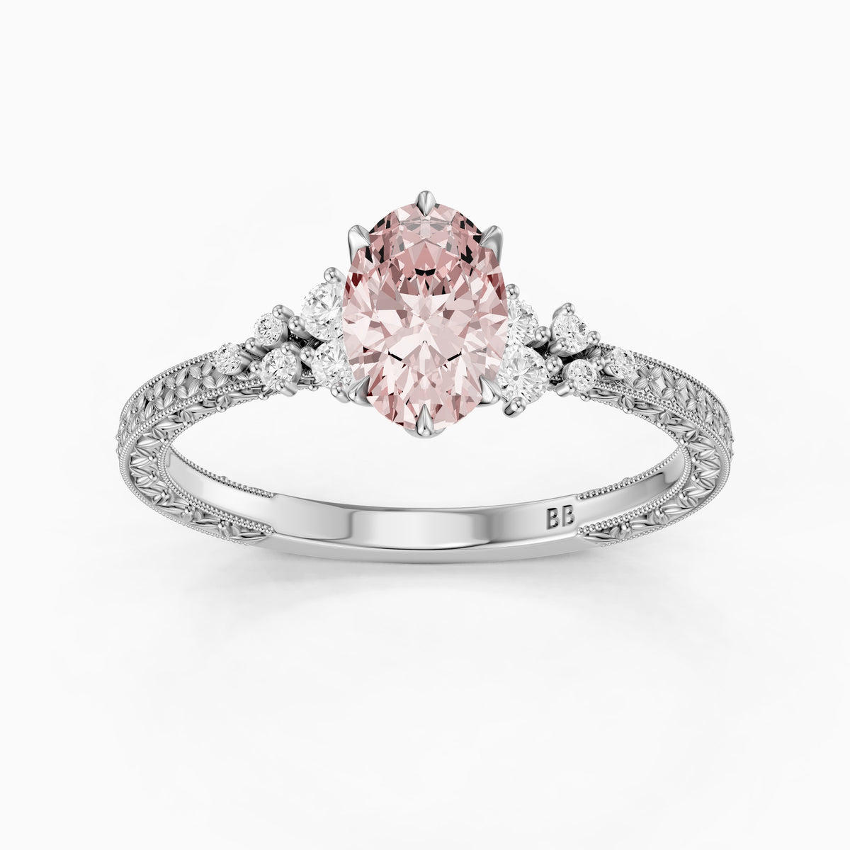 Coralie Oval Pink Lab Grown Diamond Vintage Ring with Milgrain Band