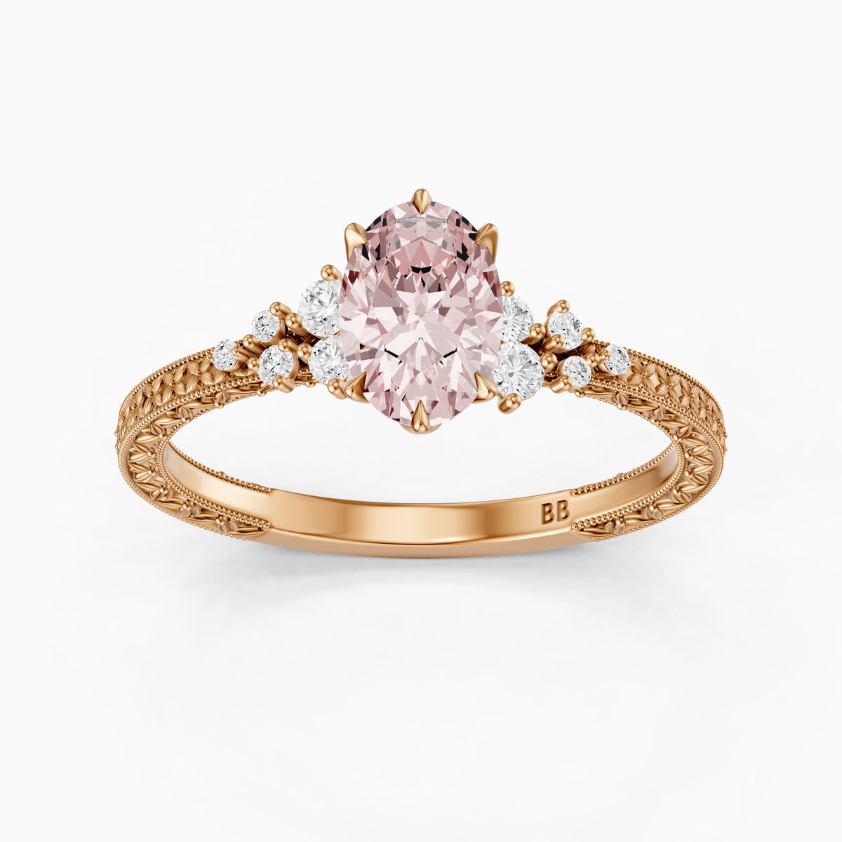 Coralie Oval Pink Lab Grown Diamond Vintage Ring with Milgrain Band