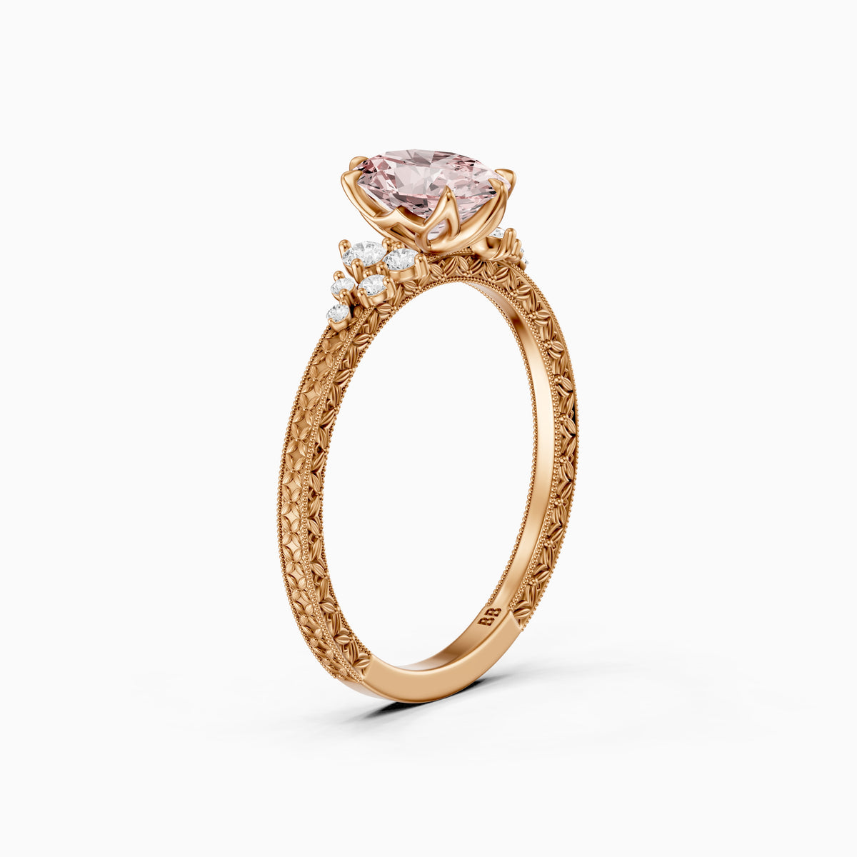 Coralie Oval Pink Lab Grown Diamond Vintage Ring with Milgrain Band