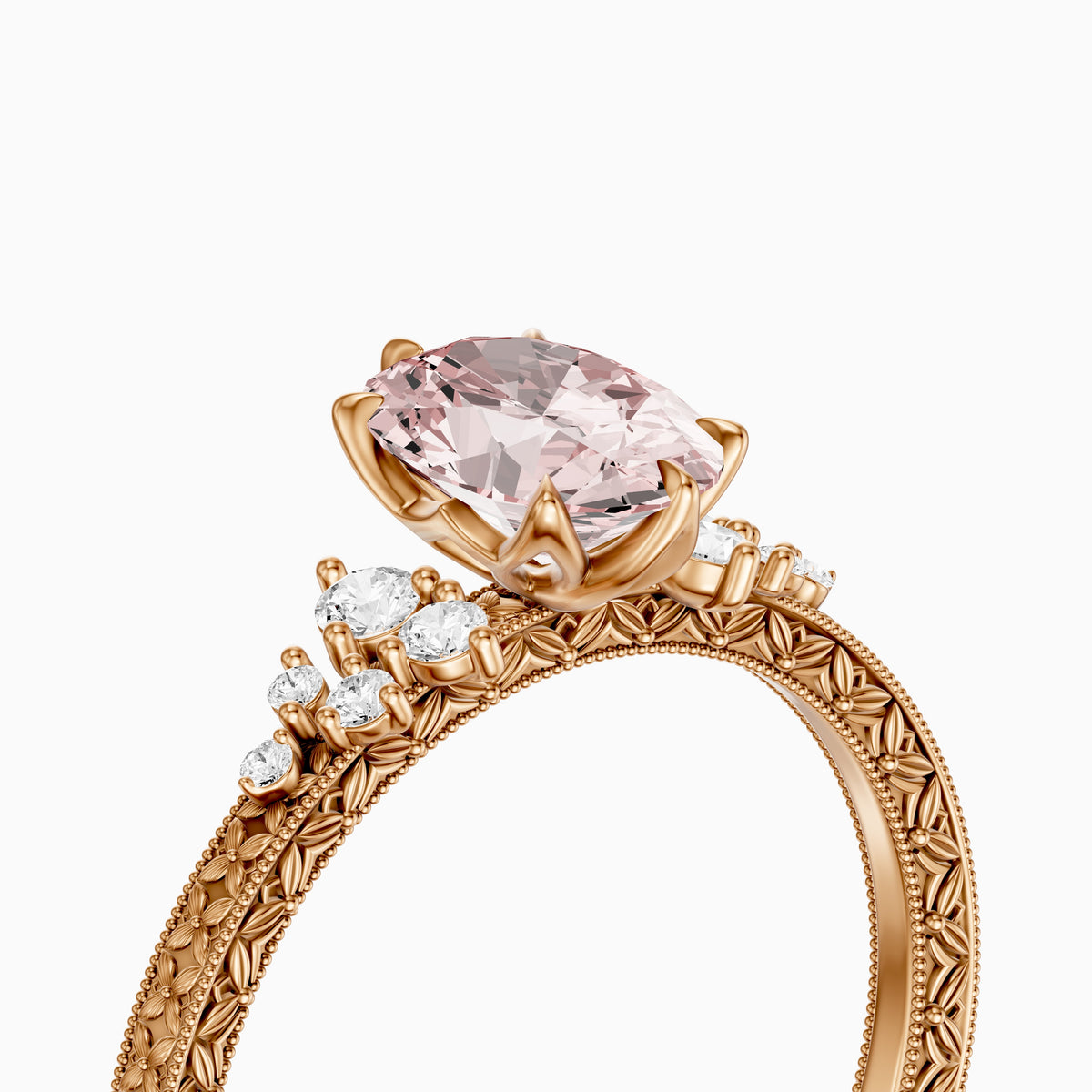 Coralie Oval Pink Lab Grown Diamond Vintage Ring with Milgrain Band