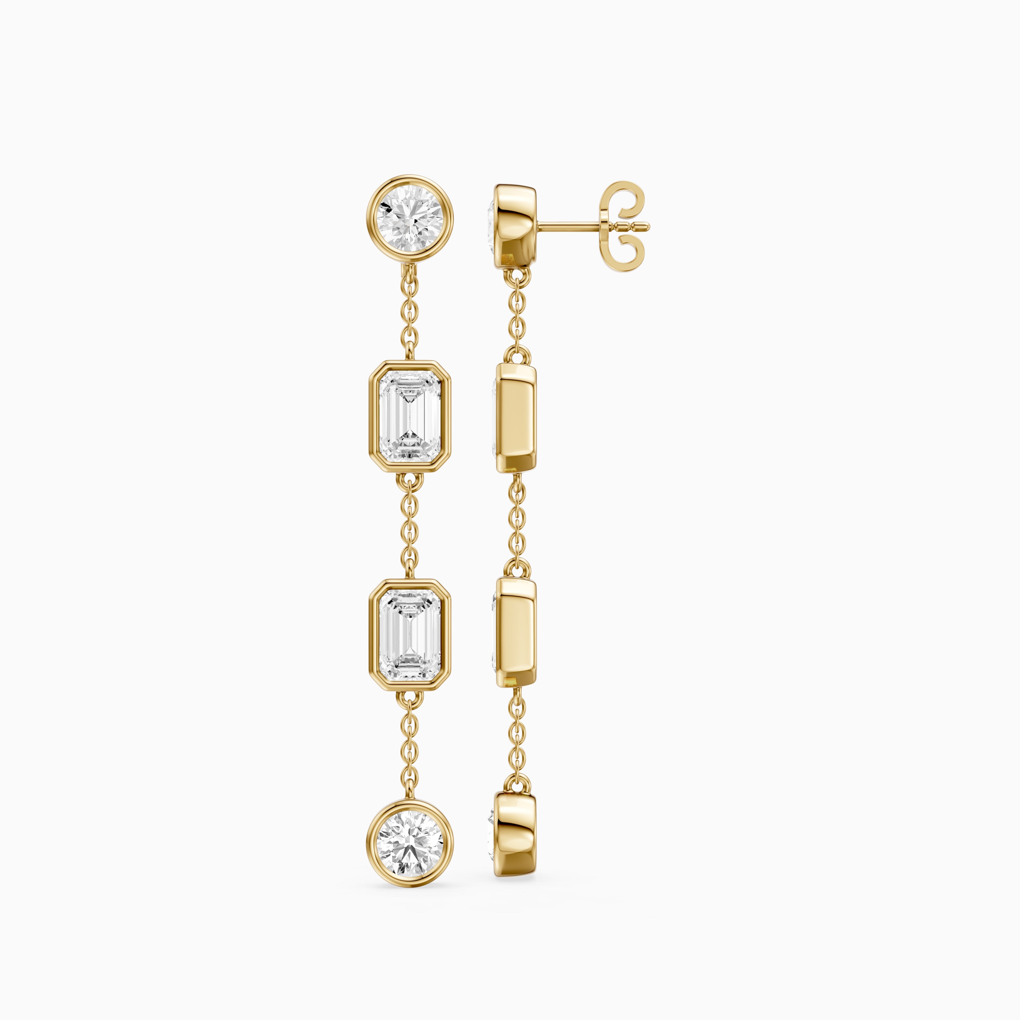 Quincy Bezel Set Emerald Cut and Round Lab Grown Diamond Station Drops Earrings