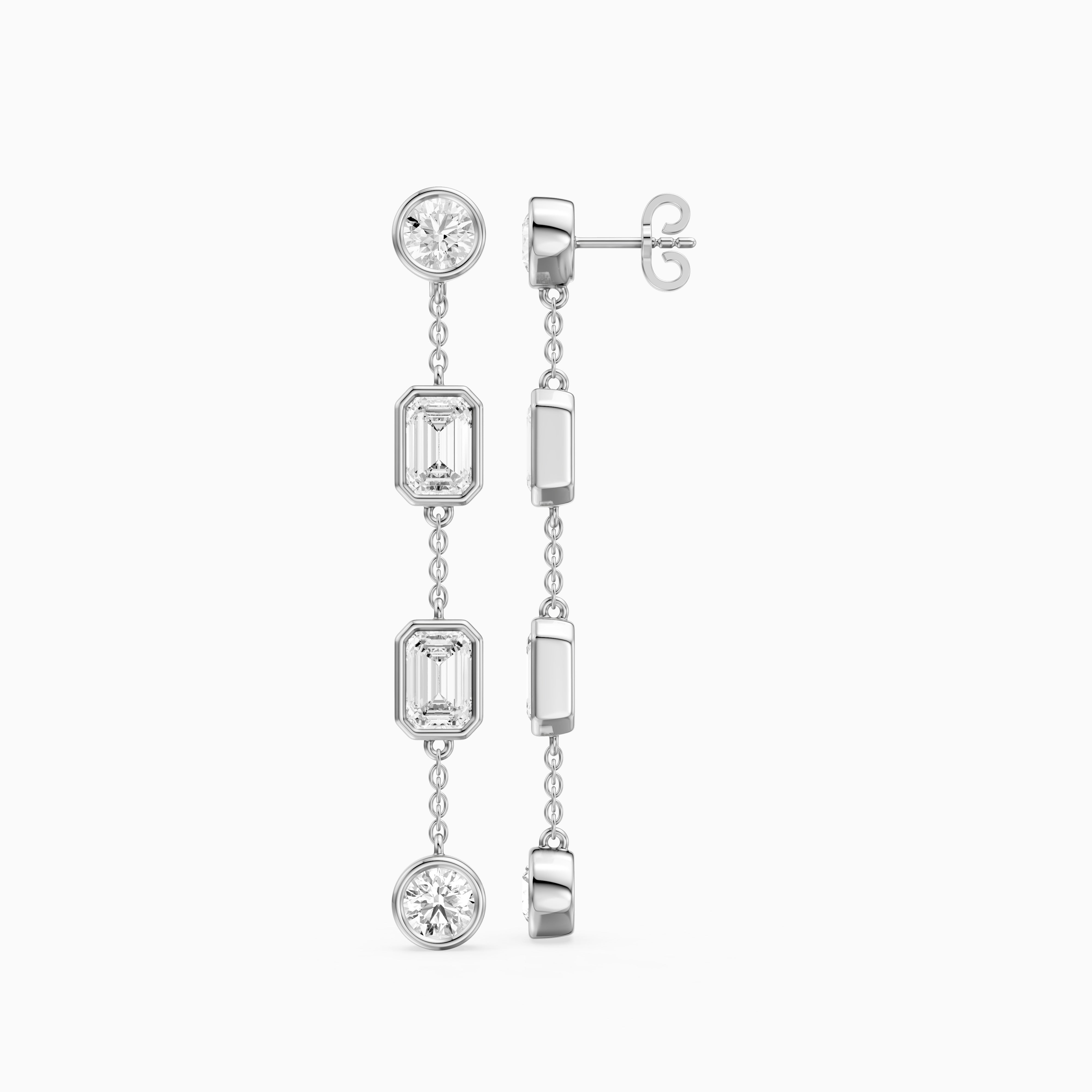 Quincy Bezel Set Emerald Cut and Round Lab Grown Diamond Station Drops Earrings